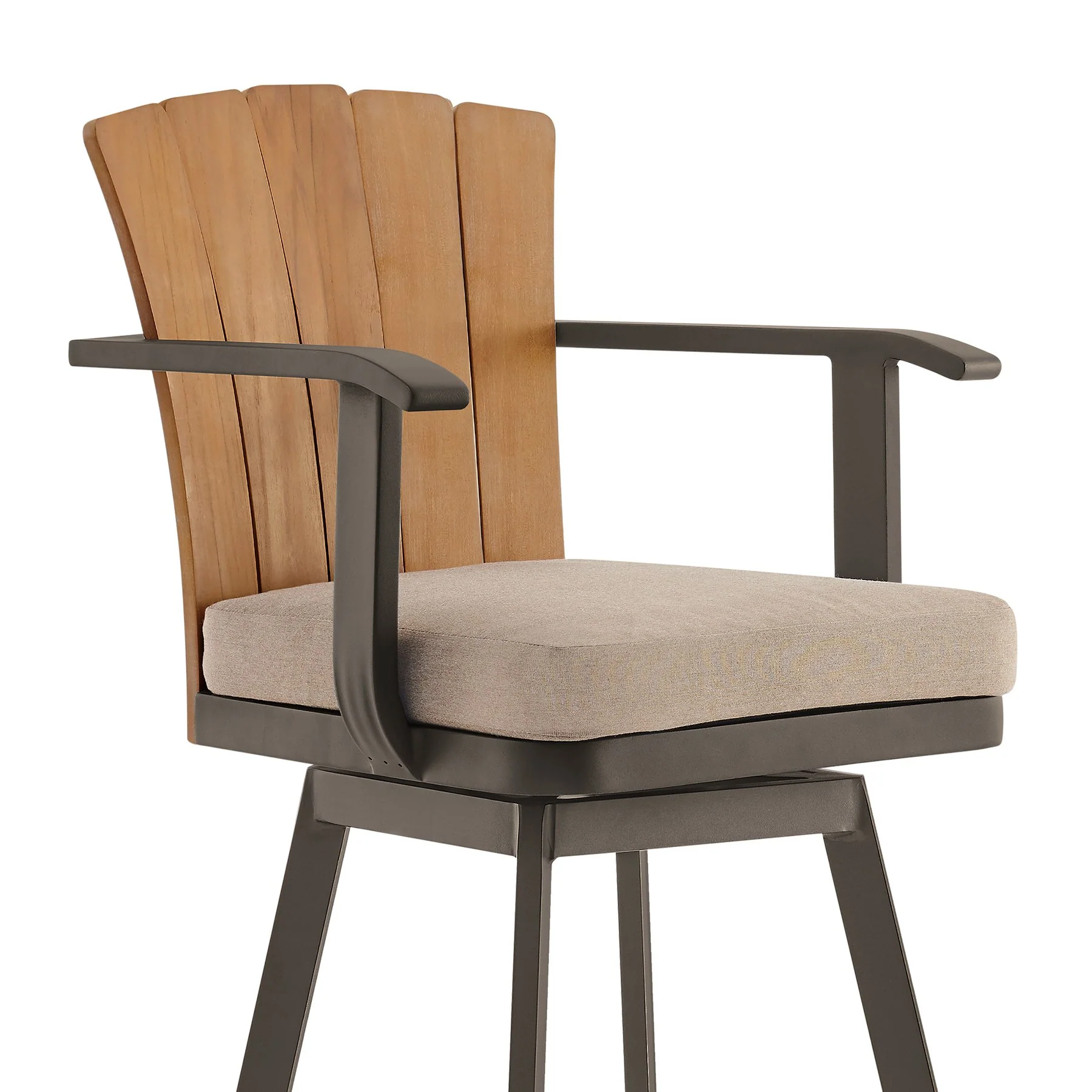 Hazel Outdoor Patio Swivel Counter Stool in Aluminum with Teak Wood and Brown Cushion - Image 4