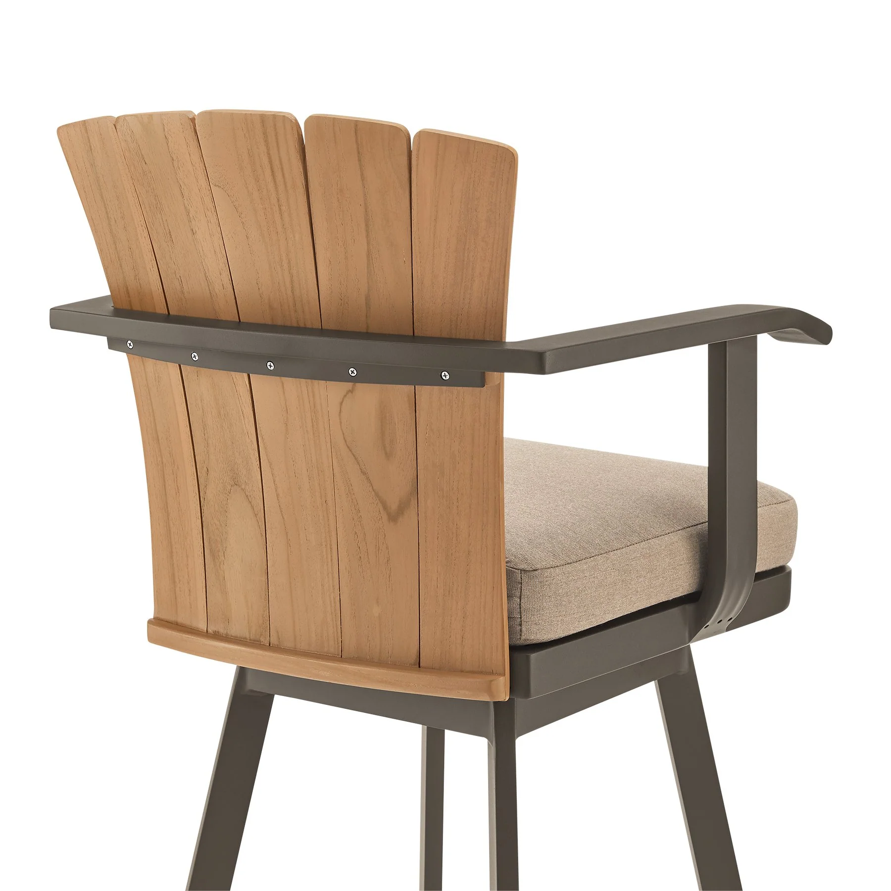 Hazel Outdoor Patio Swivel Counter Stool in Aluminum with Teak Wood and Brown Cushion - Image 5