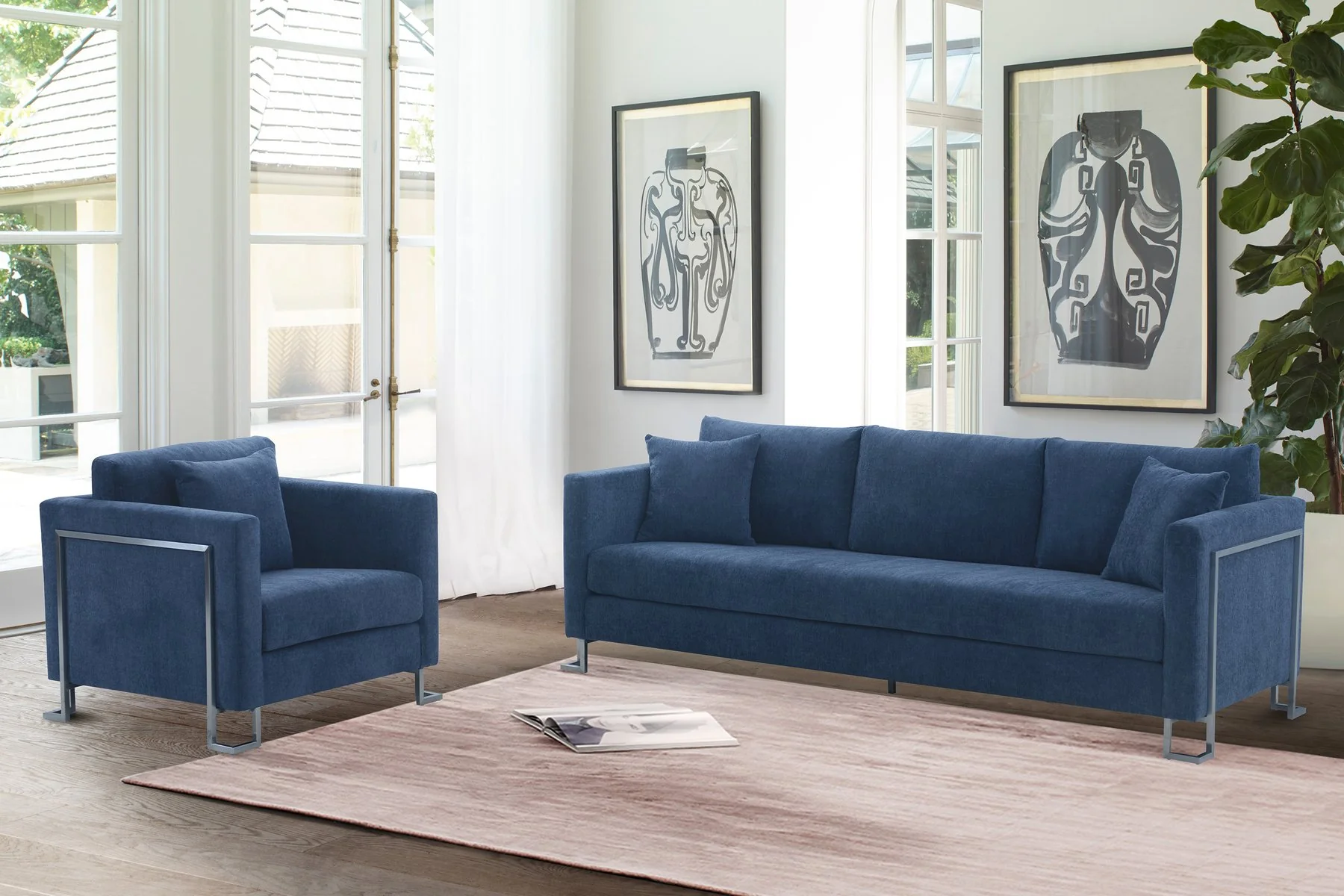 Heritage 2 Piece Blue Fabric Upholstered Sofa & Chair Set - Image 8