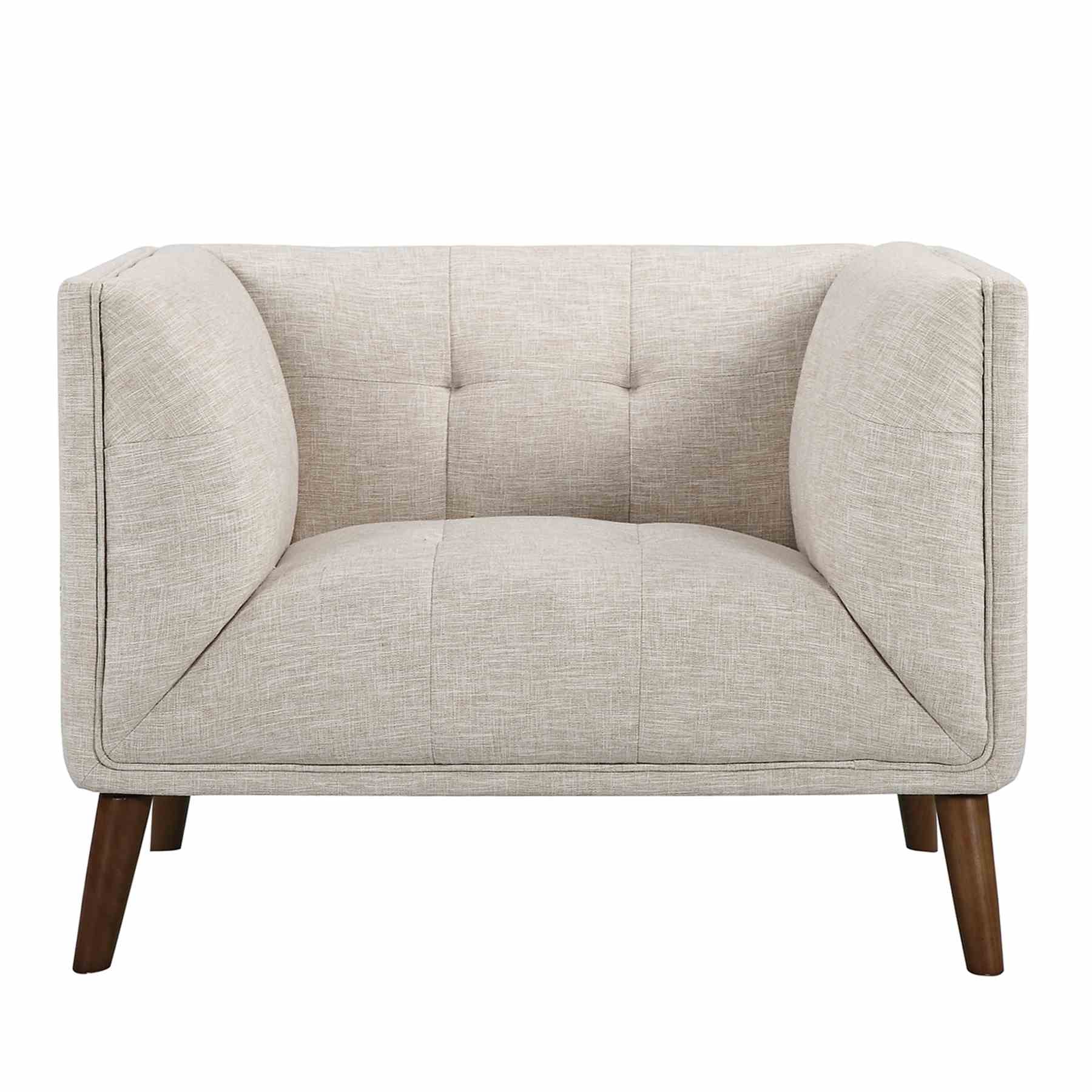 Hudson Mid-Century Button-Tufted Chair in Beige Linen and Walnut Legs - Image 2