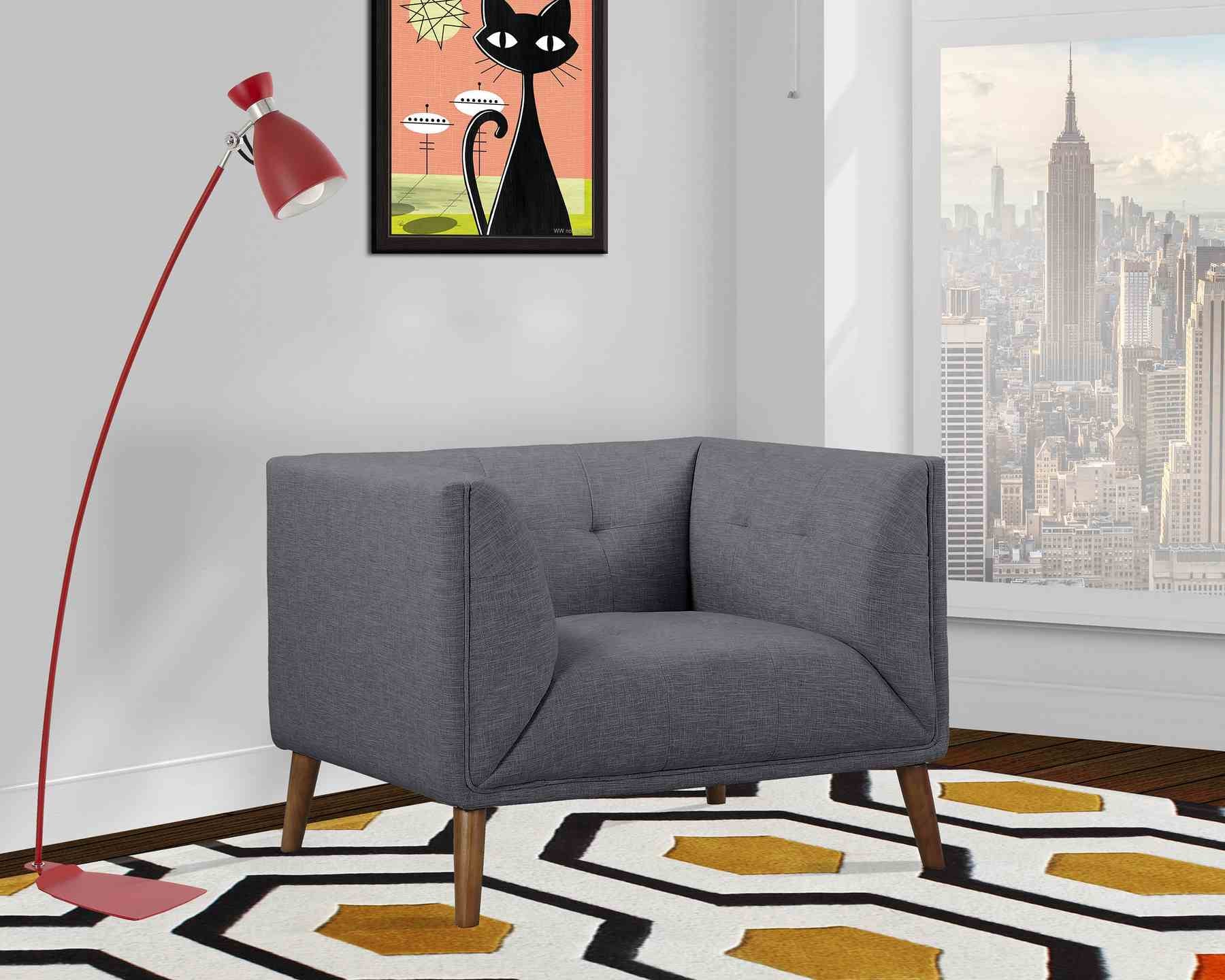 Hudson Mid-Century Button-Tufted Chair in Dark Gray Linen and Walnut Legs - Image 6