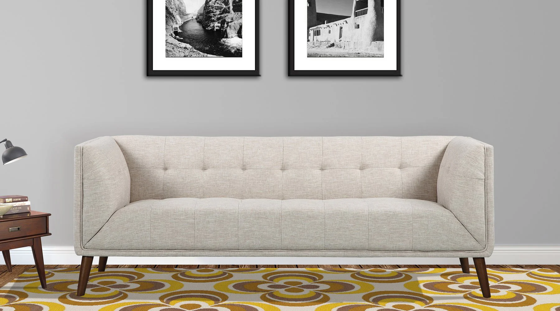 Hudson Mid-Century Button-Tufted Sofa in Beige Linen and Walnut Legs - Image 6