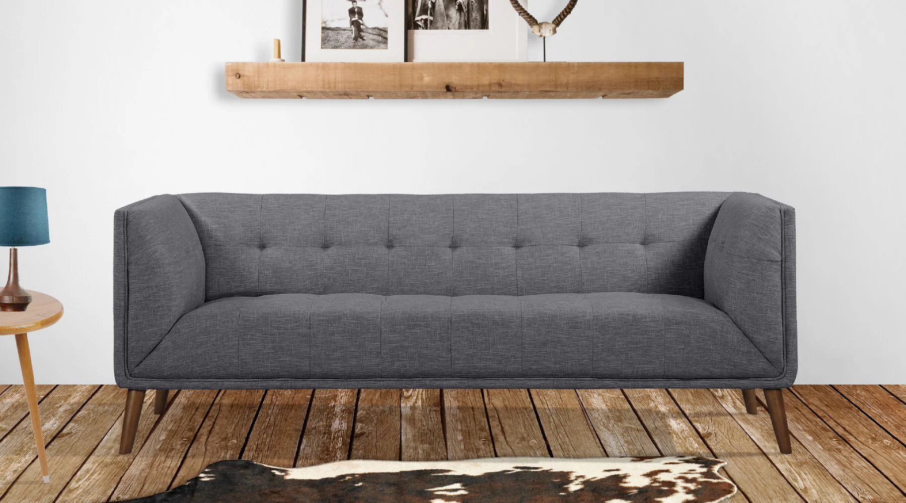Hudson Mid-Century Button-Tufted Sofa in Dark Gray Linen and Walnut Legs - Image 6