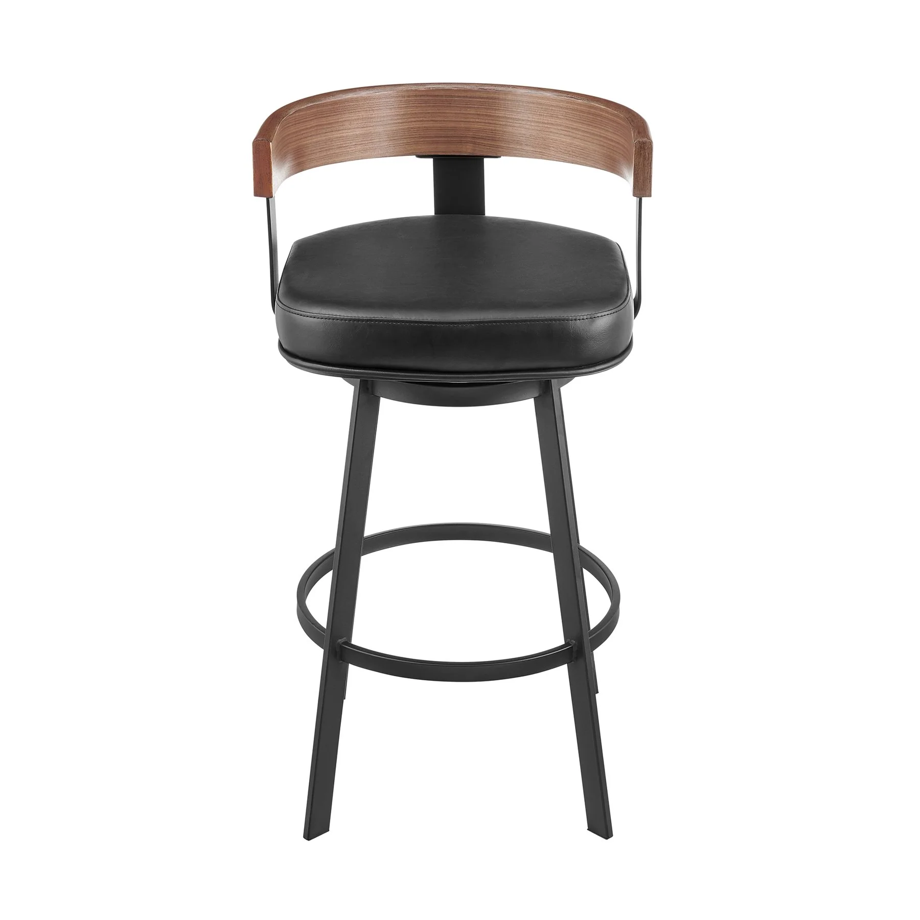 Idris 26" Swivel Counter Stool in Black Iron with Walnut Finish and Vintage Black Faux Leather - Image 2