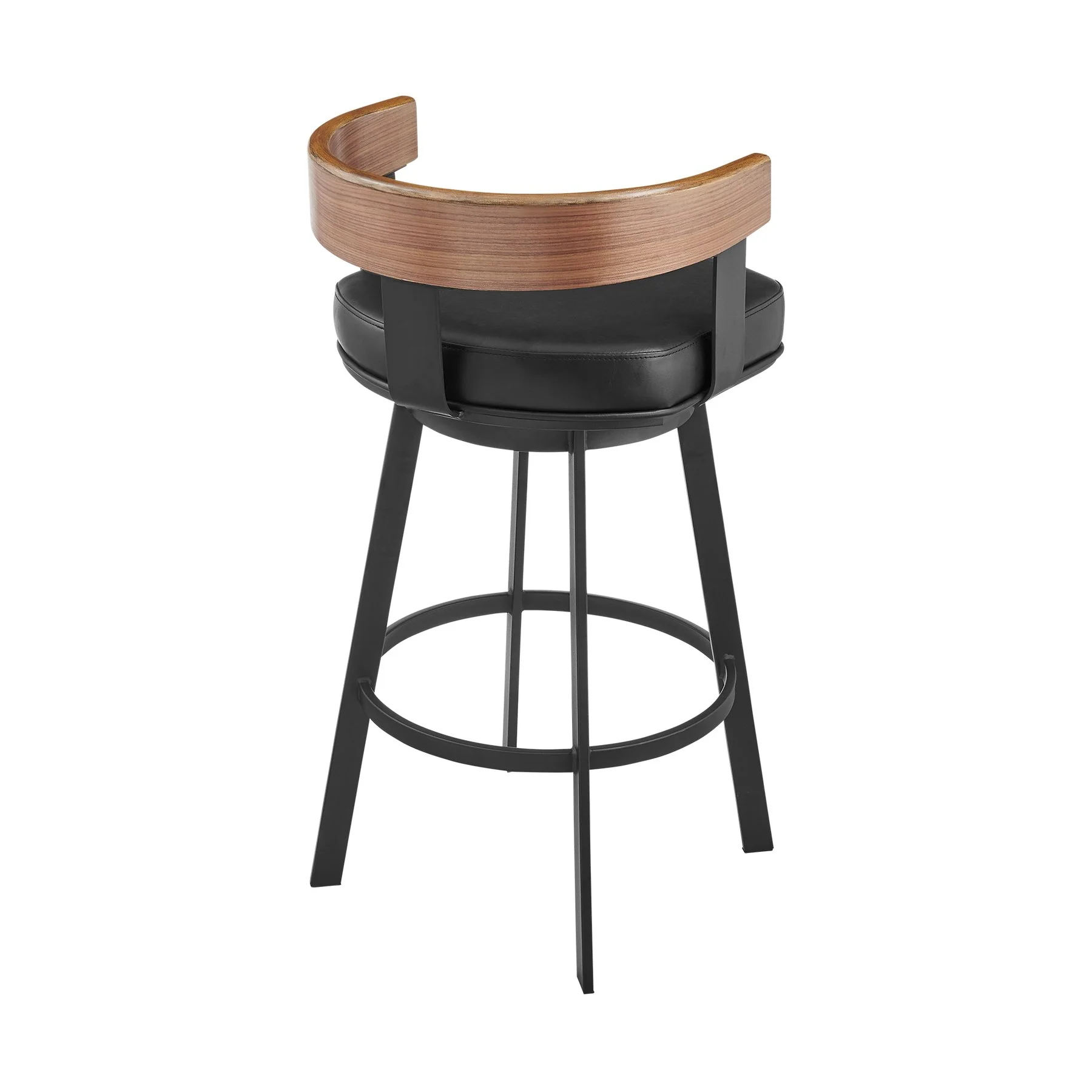 Idris 26" Swivel Counter Stool in Black Iron with Walnut Finish and Vintage Black Faux Leather - Image 3