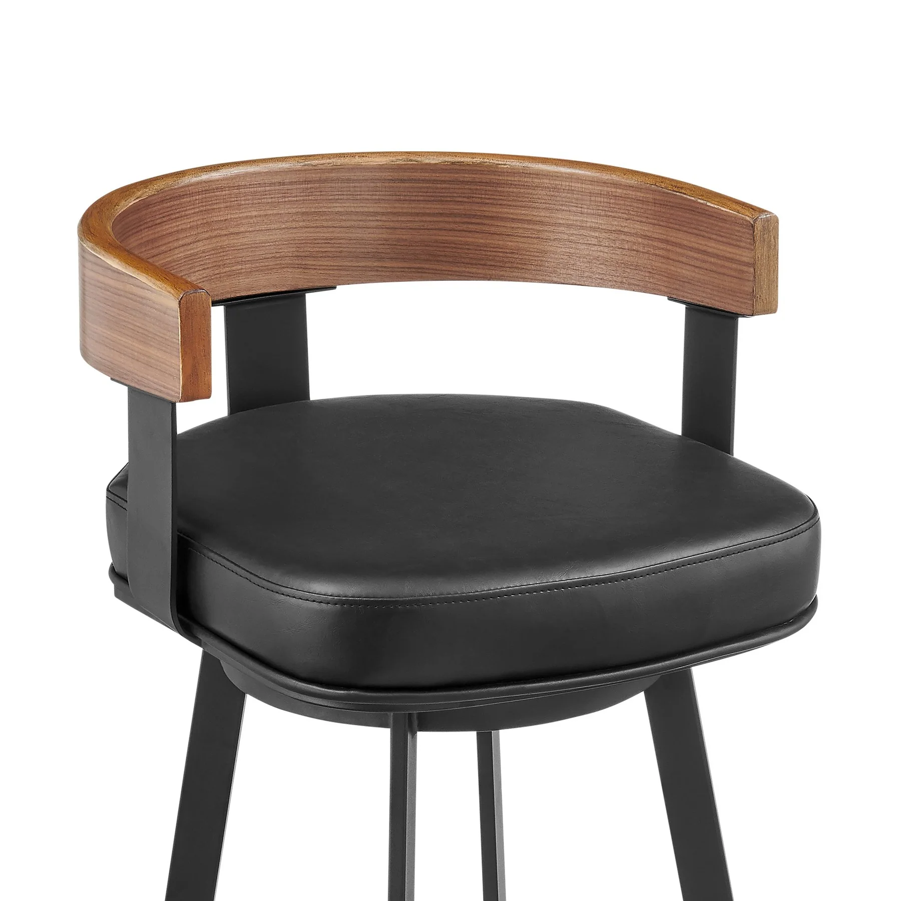 Idris 26" Swivel Counter Stool in Black Iron with Walnut Finish and Vintage Black Faux Leather - Image 4