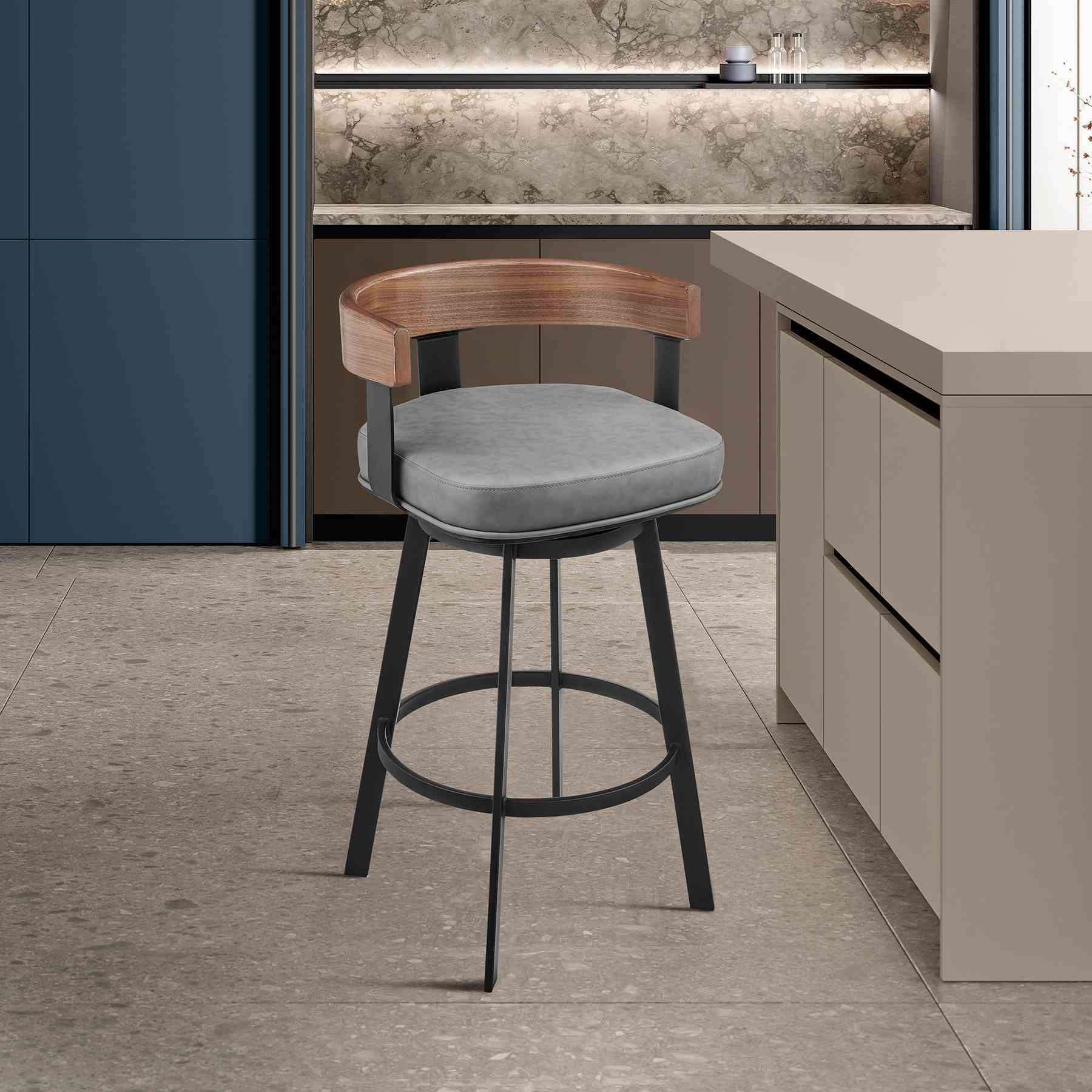 Idris 26" Swivel Counter Stool in Black Iron with Walnut Finish and Vintage Gray Faux Leather - Image 10