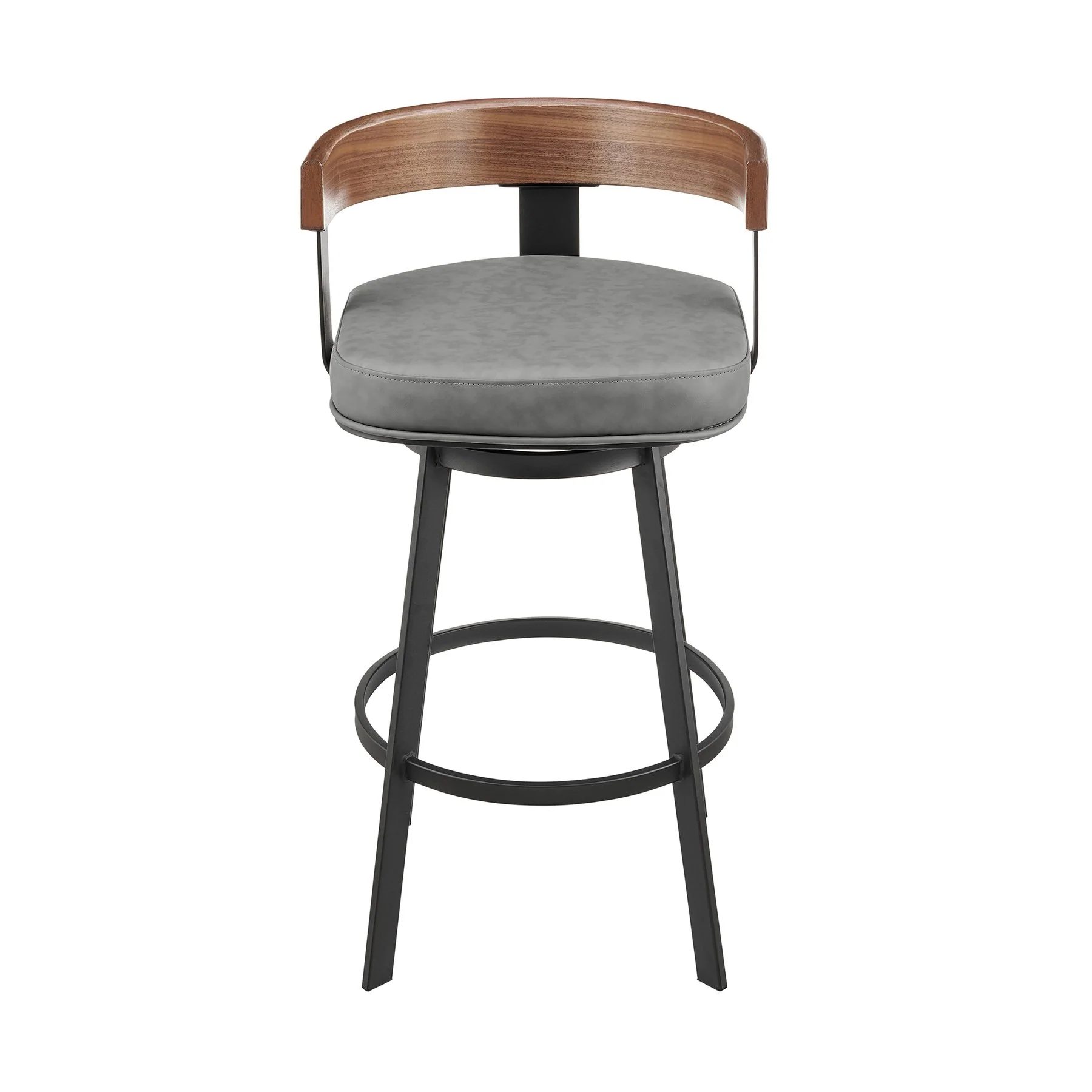 Idris 26" Swivel Counter Stool in Black Iron with Walnut Finish and Vintage Gray Faux Leather - Image 2