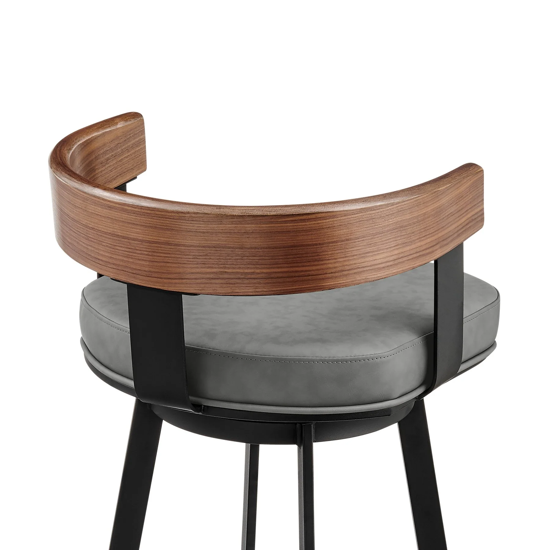 Idris 26" Swivel Counter Stool in Black Iron with Walnut Finish and Vintage Gray Faux Leather - Image 5