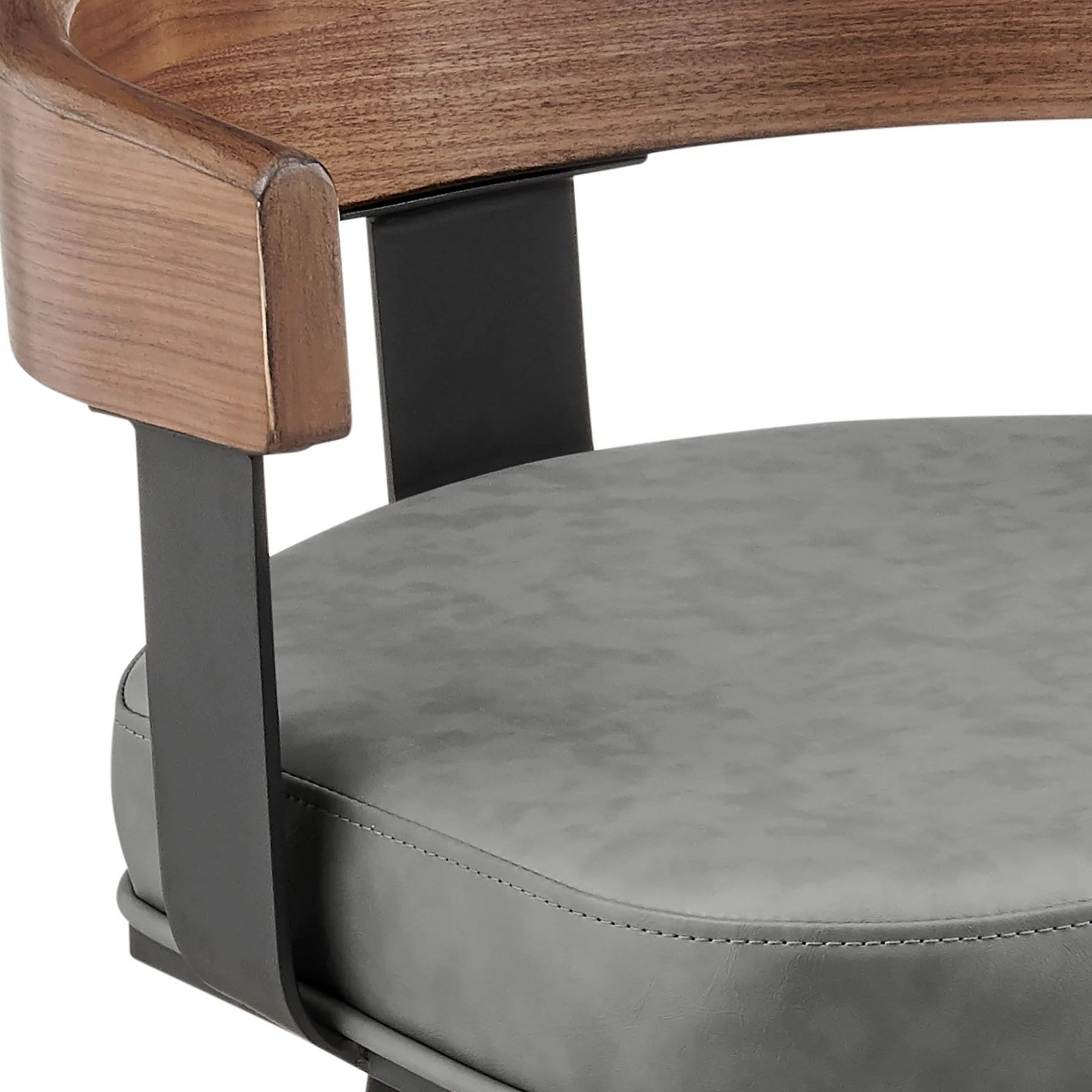 Idris 26" Swivel Counter Stool in Black Iron with Walnut Finish and Vintage Gray Faux Leather - Image 6
