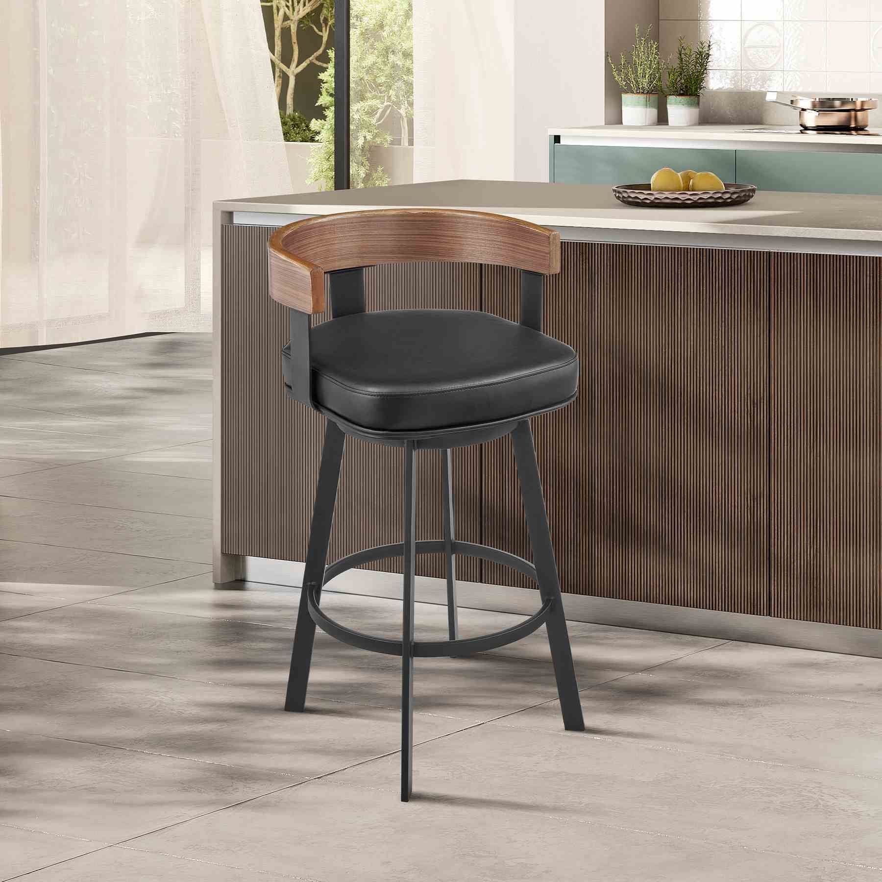 Idris 30" Swivel Bar Stool in Black Iron with Walnut Finish and Vintage Black Faux Leather - Image 10