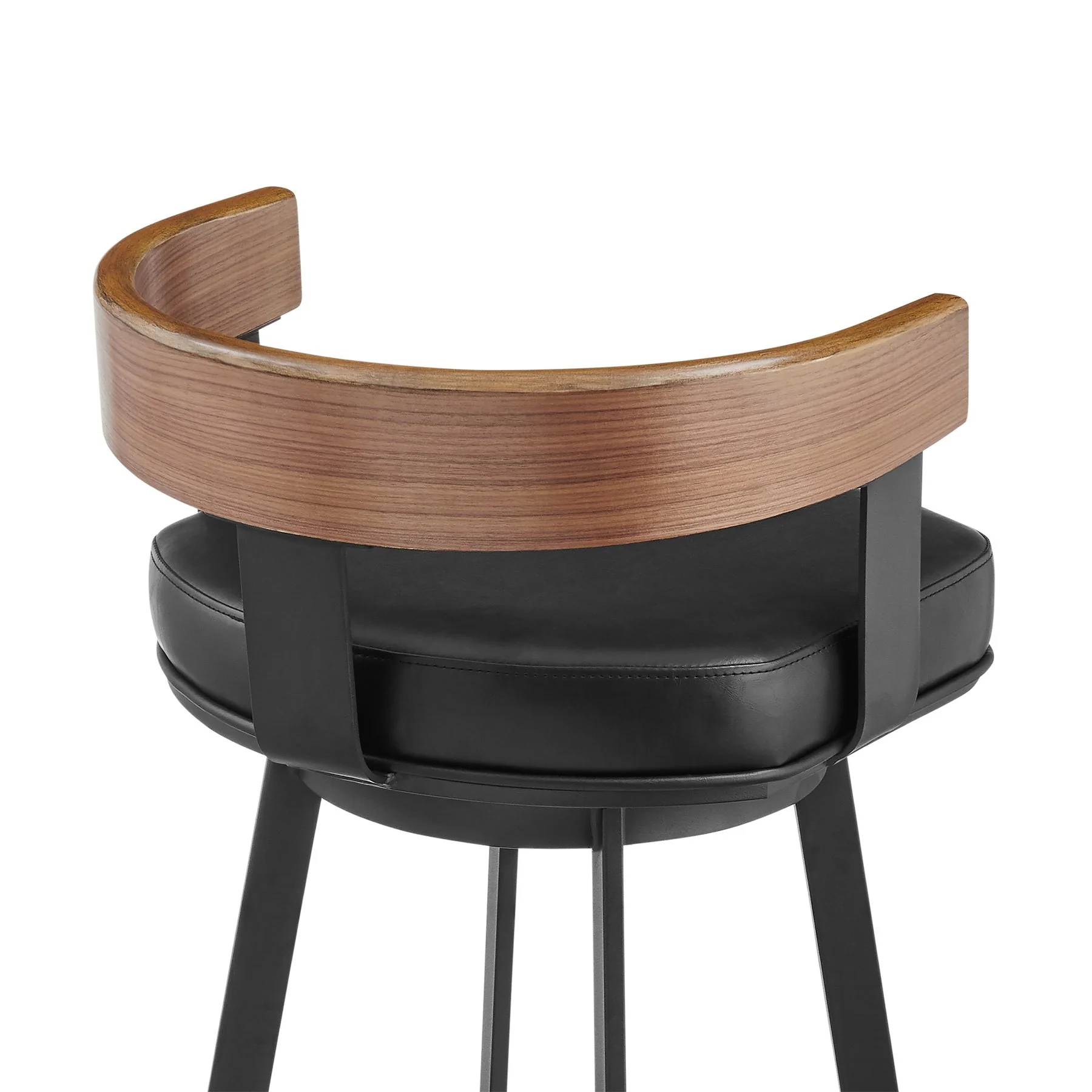 Idris 30" Swivel Bar Stool in Black Iron with Walnut Finish and Vintage Black Faux Leather - Image 5