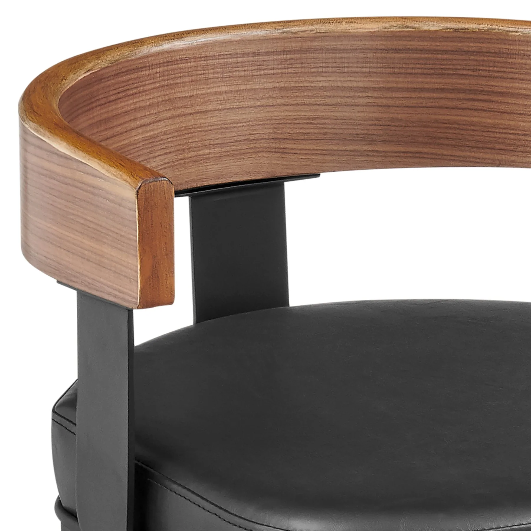 Idris 30" Swivel Bar Stool in Black Iron with Walnut Finish and Vintage Black Faux Leather - Image 6