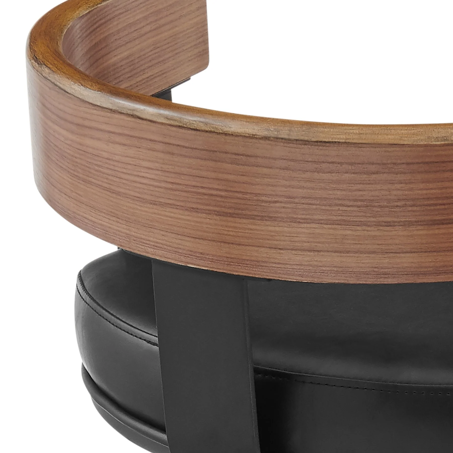 Idris 30" Swivel Bar Stool in Black Iron with Walnut Finish and Vintage Black Faux Leather - Image 7