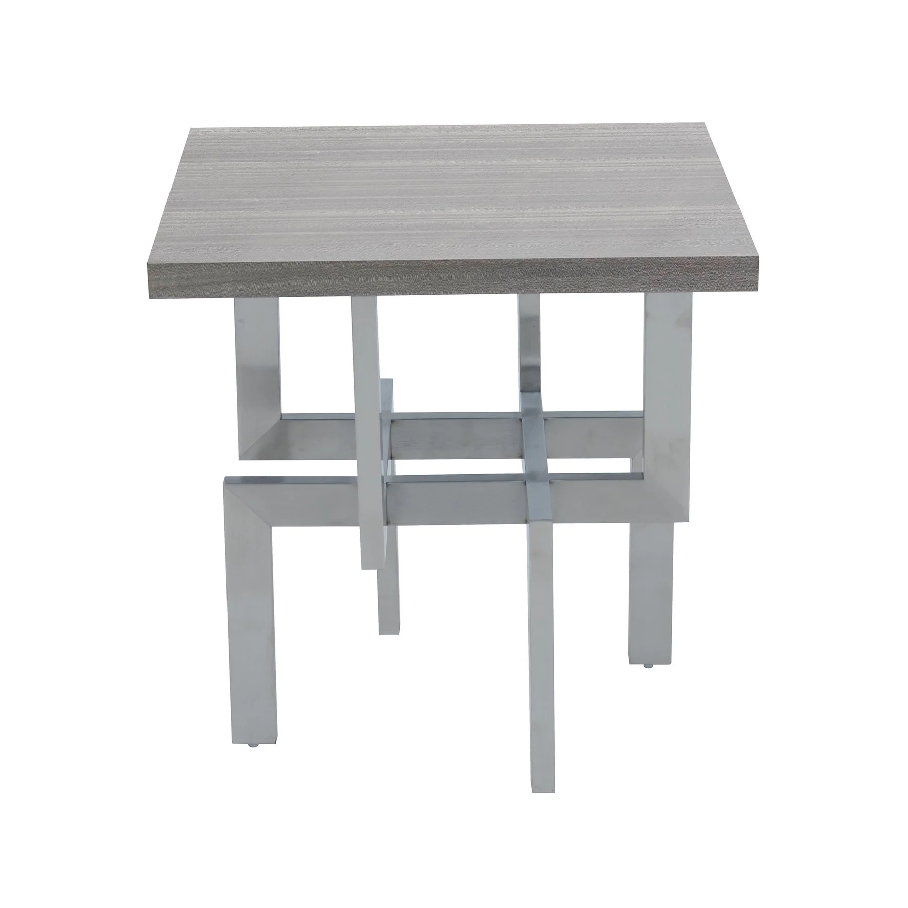 Illusion Gray Wood End Table with Brushed Stainless Steel Base - Image 2