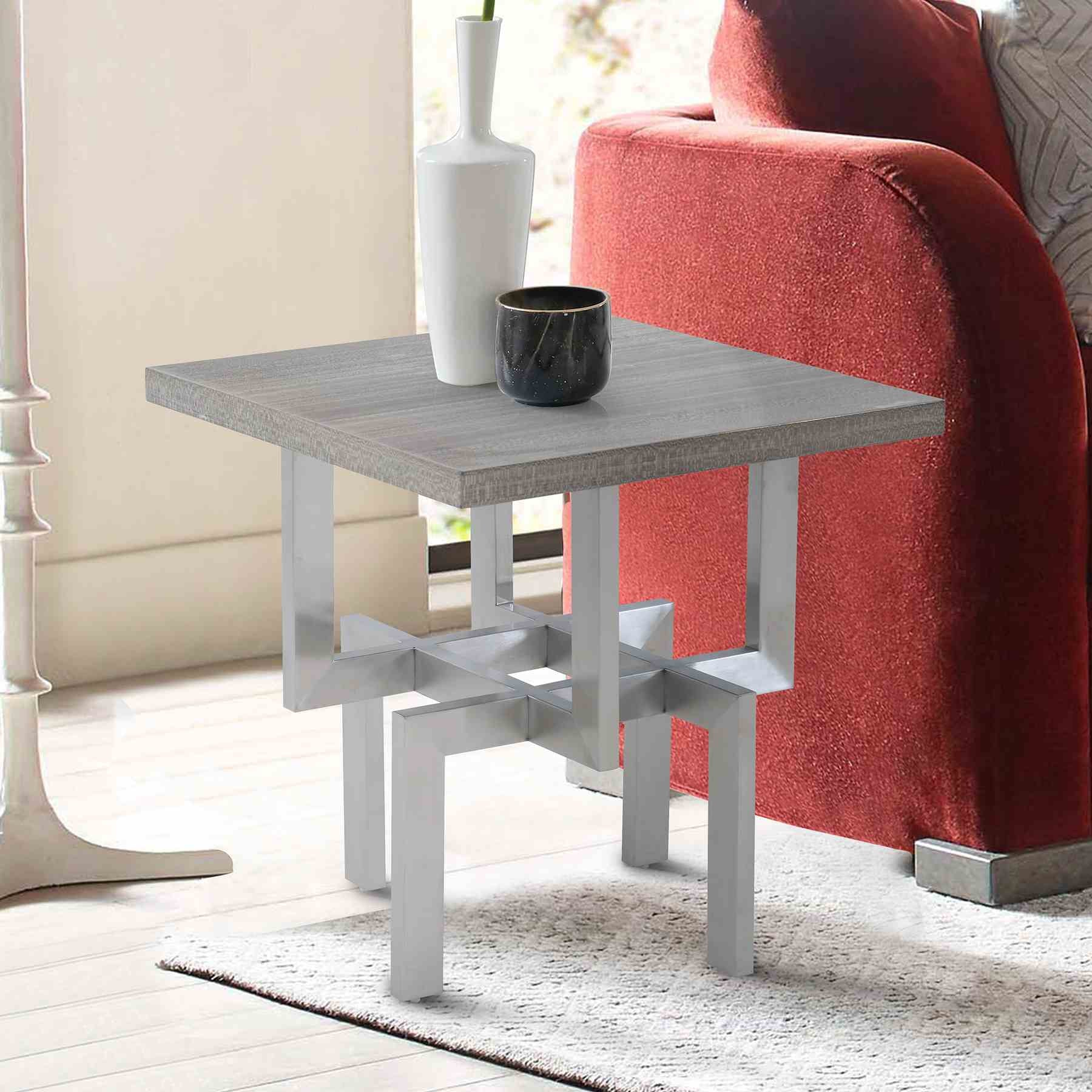 Illusion Gray Wood End Table with Brushed Stainless Steel Base - Image 5