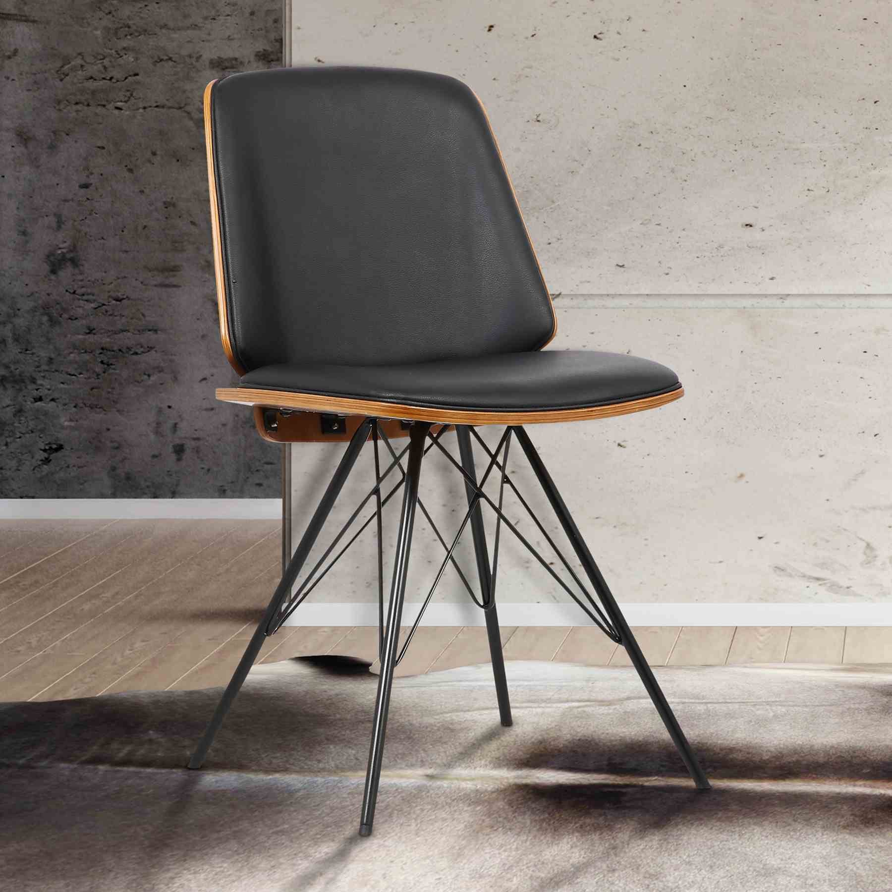 Inez Mid-Century Dining Chair in Black Faux Leather with Black Powder Coated Metal Legs and Walnut Veneer Back - Image 4