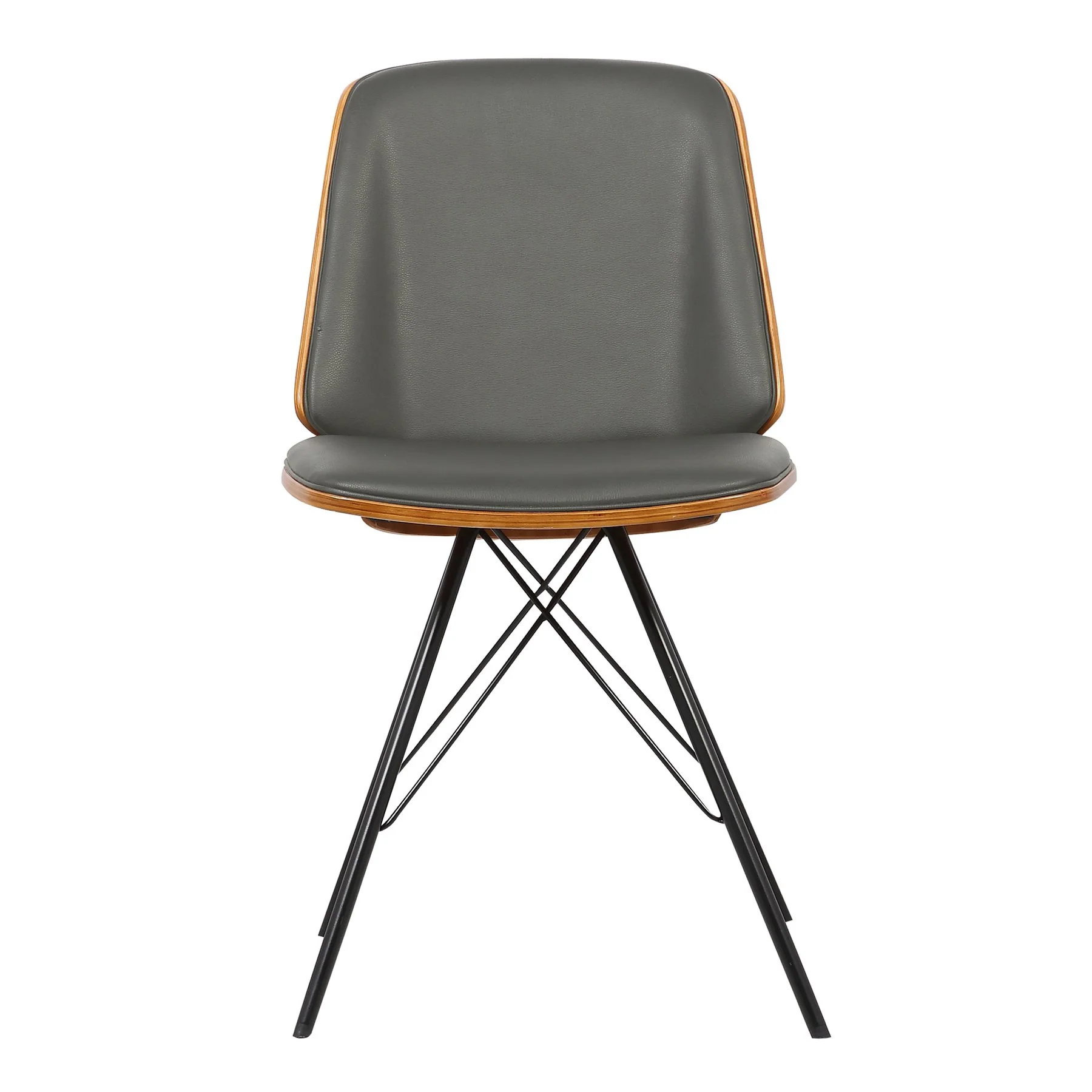 Inez Mid-Century Dining Chair in Gray Faux Leather with Black Powder Coated Metal Legs and Walnut Veneer Back - Image 2