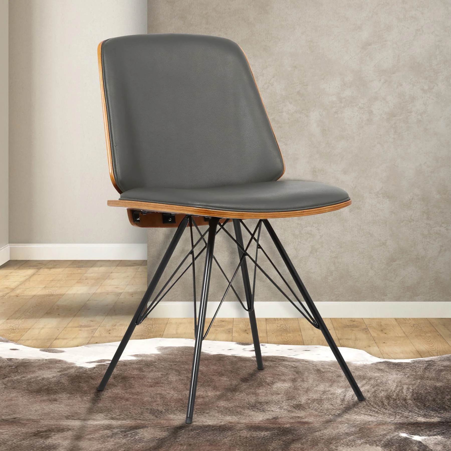 Inez Mid-Century Dining Chair in Gray Faux Leather with Black Powder Coated Metal Legs and Walnut Veneer Back - Image 7