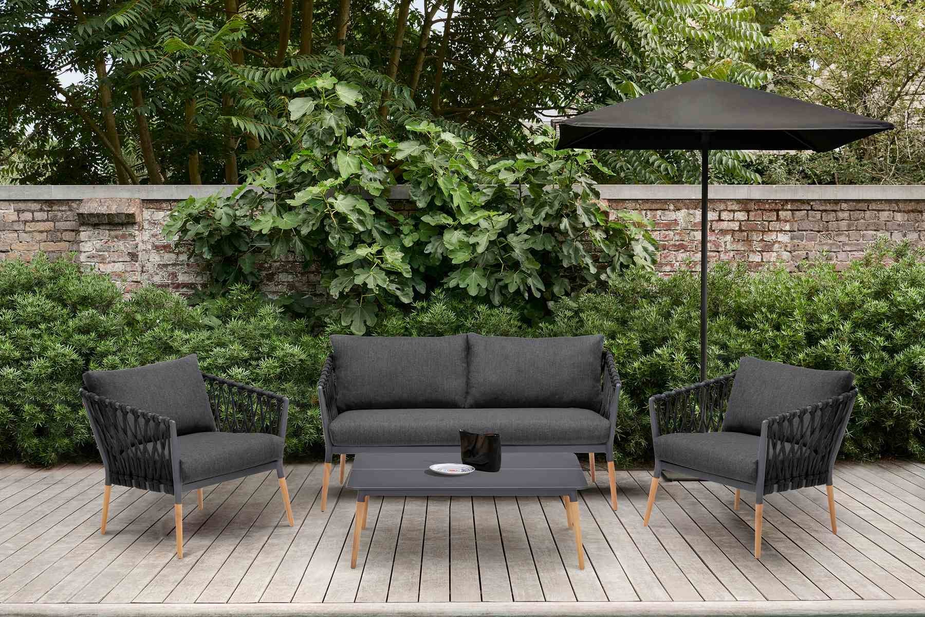 Ipanema Outdoor 4 Piece Rope and Teak Sofa Seating Set with Dark Gray Olefin - Image 8