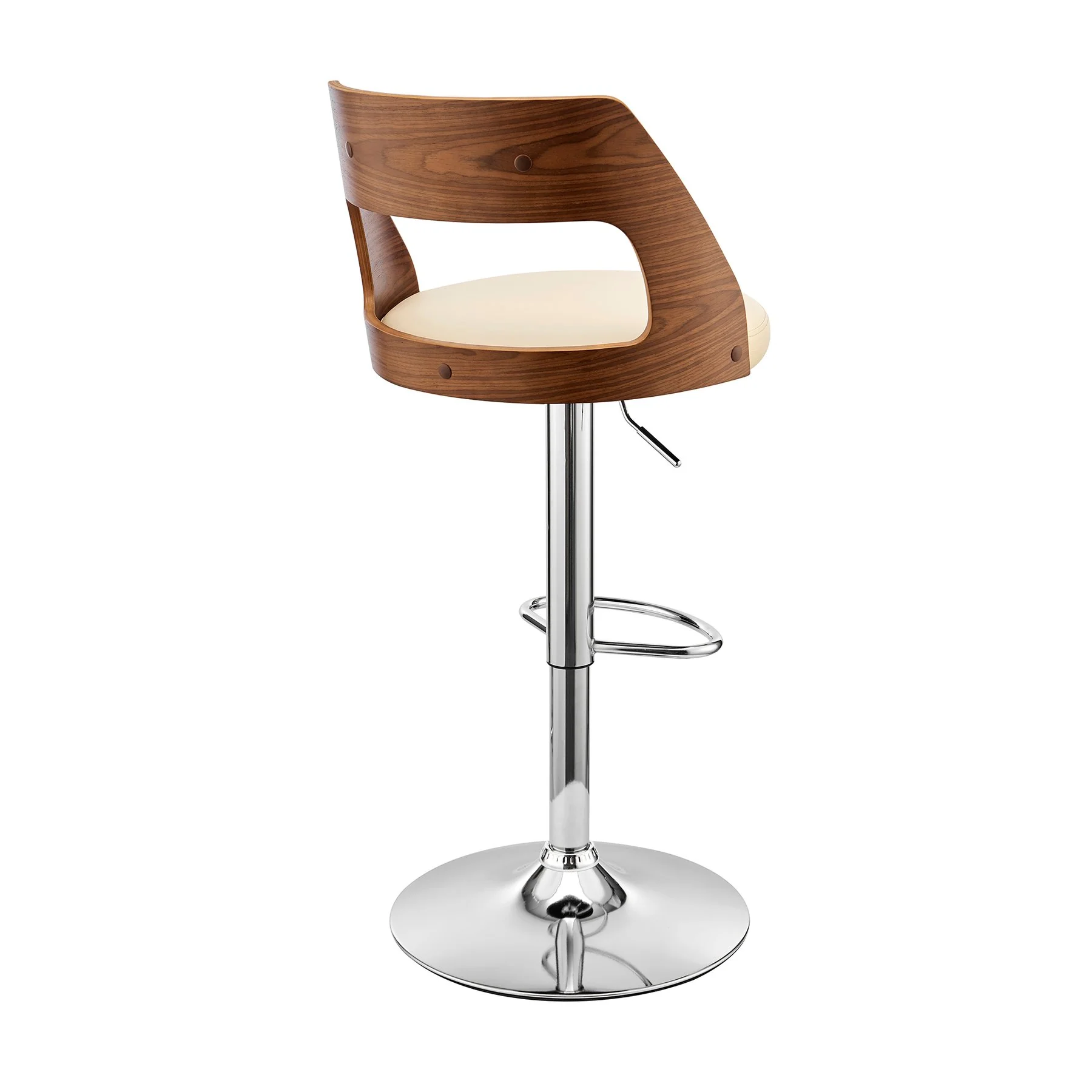 Itzan Adjustable Swivel Cream Faux Leather and Walnut Wood Bar Stool with Chrome Base - Image 4