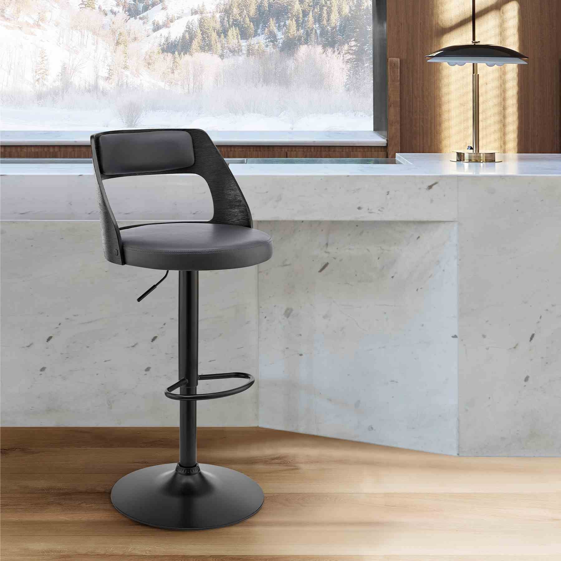 Itzan Adjustable Swivel Gray Faux Leather and Black Wood Bar Stool with Black Base - Image 10