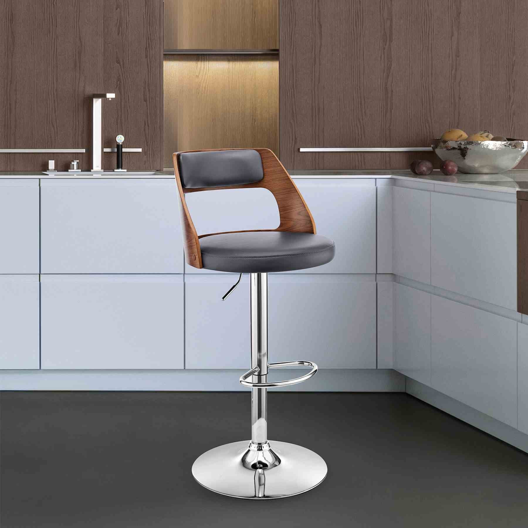 Itzan Adjustable Swivel Gray Faux Leather and Walnut Wood Bar Stool with Chrome Base - Image 10