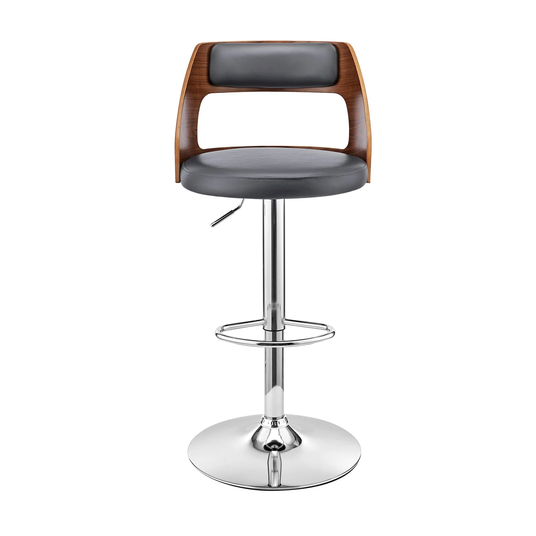 Itzan Adjustable Swivel Gray Faux Leather and Walnut Wood Bar Stool with Chrome Base - Image 2