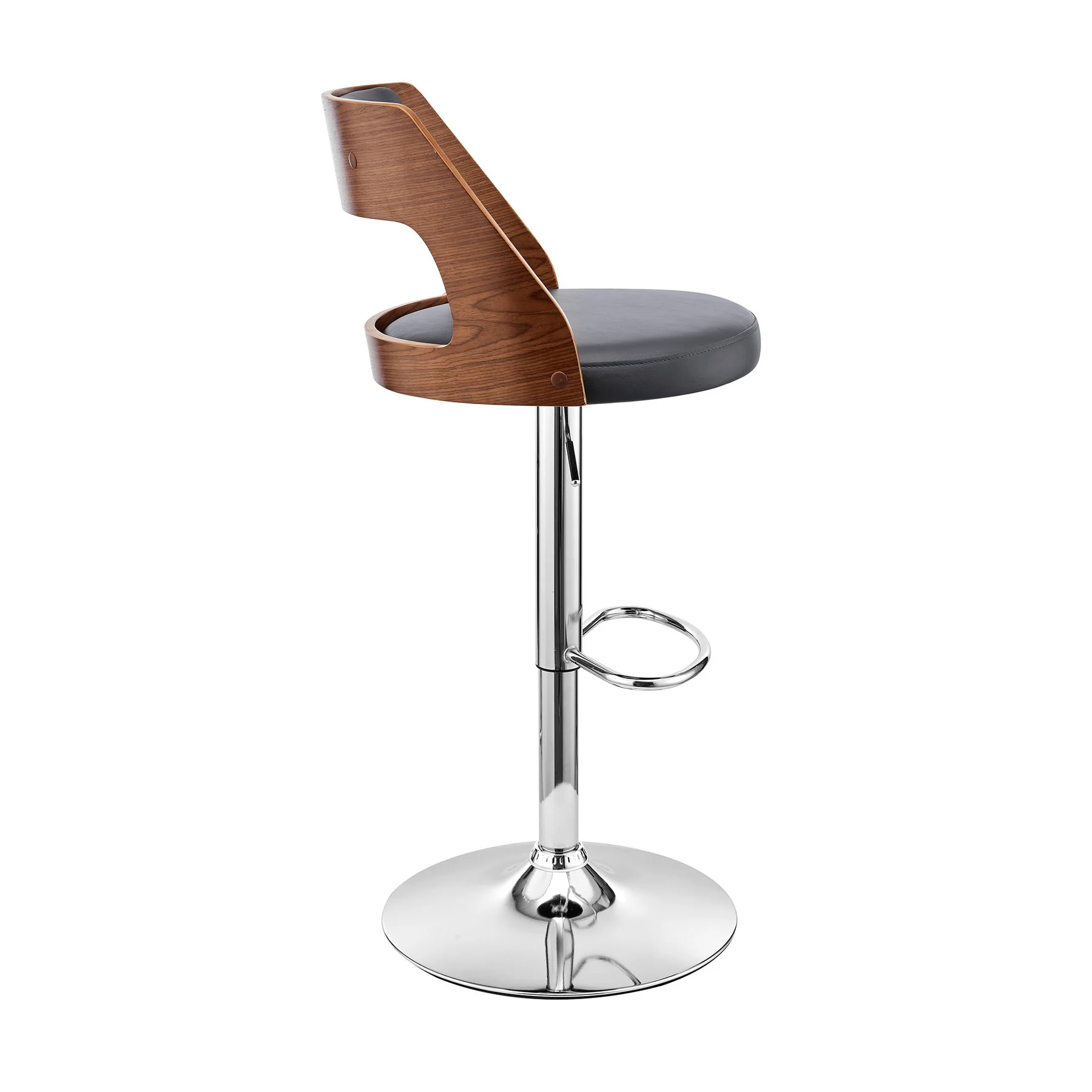 Itzan Adjustable Swivel Gray Faux Leather and Walnut Wood Bar Stool with Chrome Base - Image 3