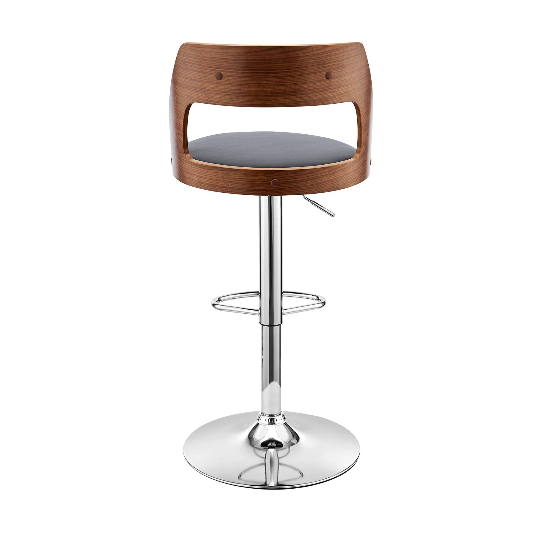 Itzan Adjustable Swivel Gray Faux Leather and Walnut Wood Bar Stool with Chrome Base - Image 5