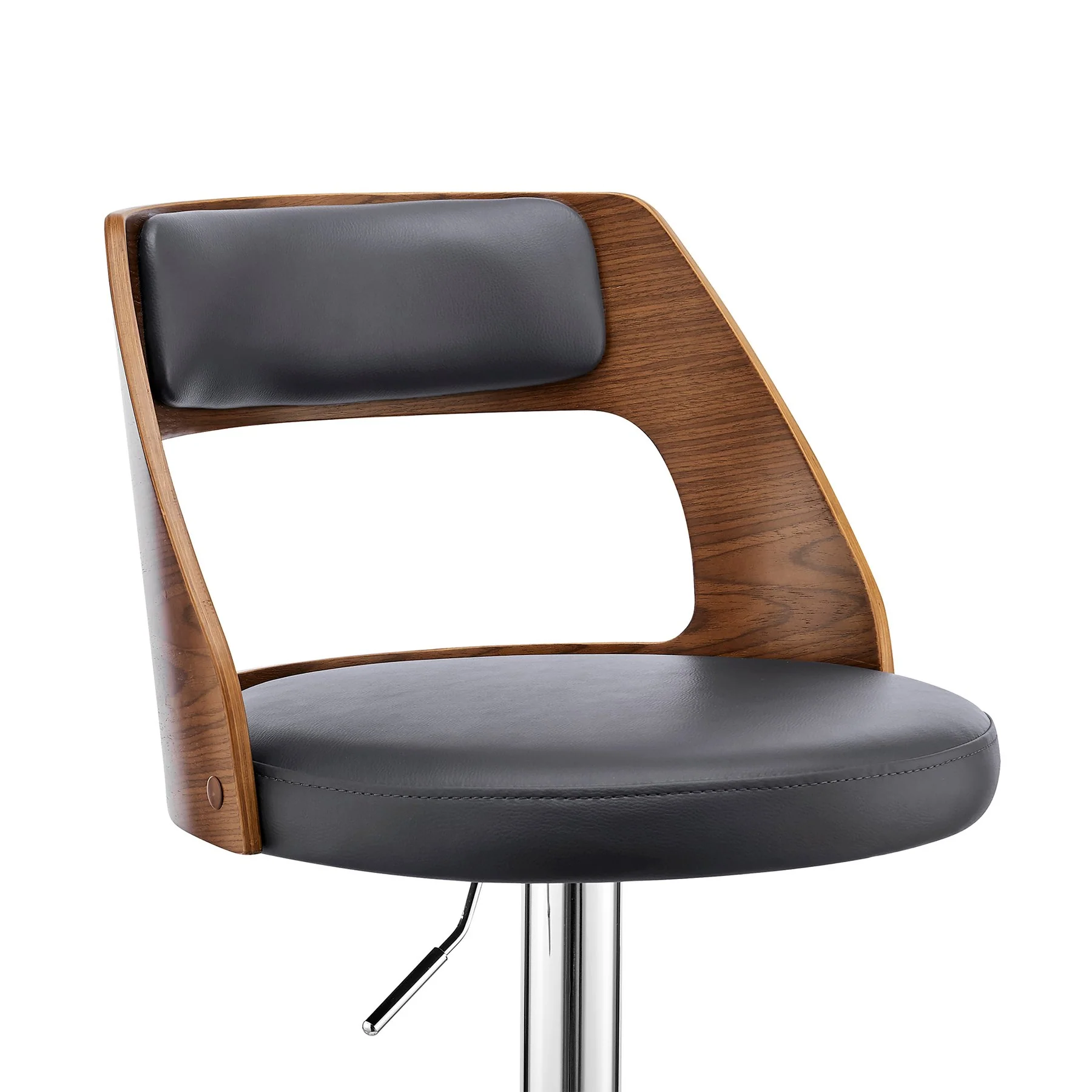 Itzan Adjustable Swivel Gray Faux Leather and Walnut Wood Bar Stool with Chrome Base - Image 6