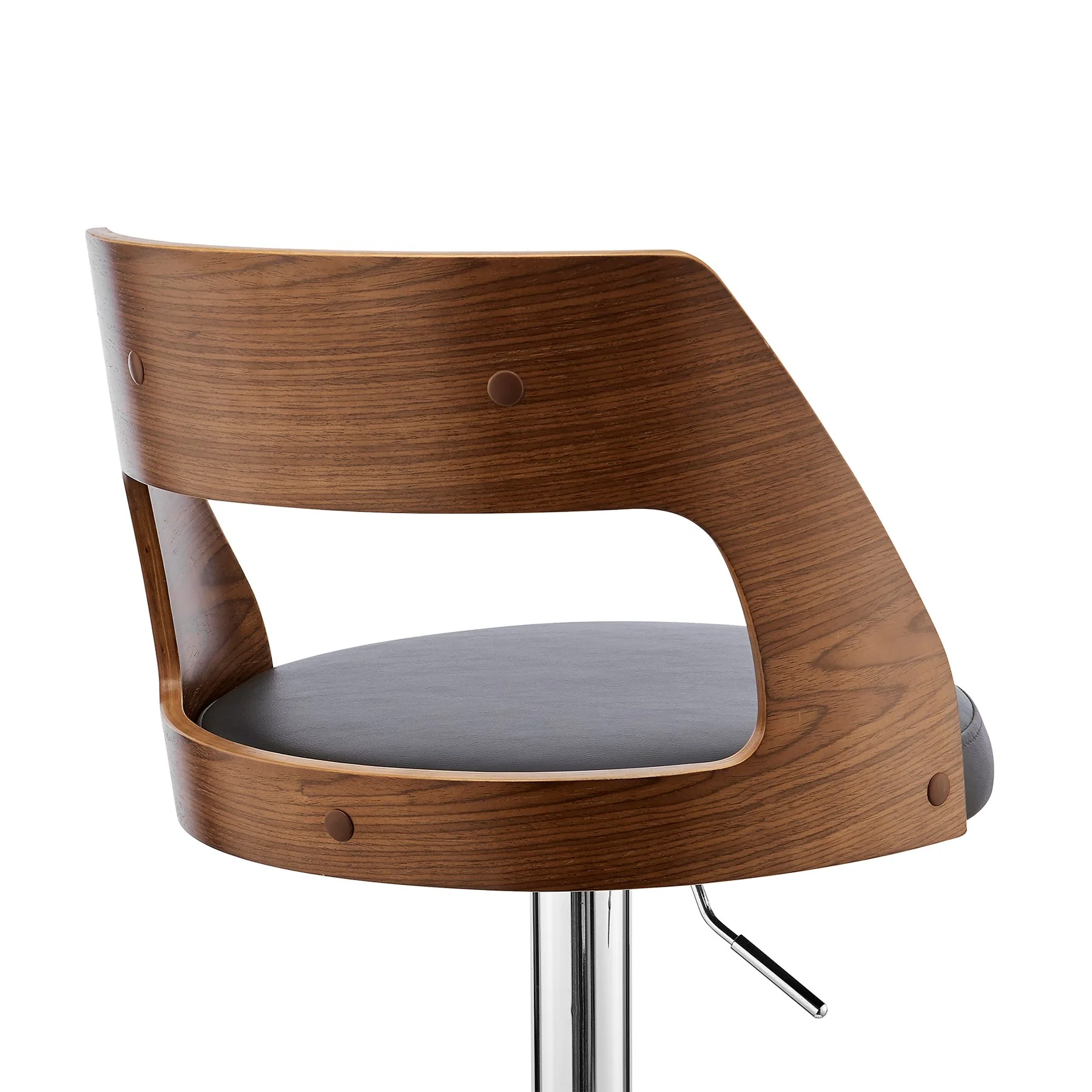 Itzan Adjustable Swivel Gray Faux Leather and Walnut Wood Bar Stool with Chrome Base - Image 7