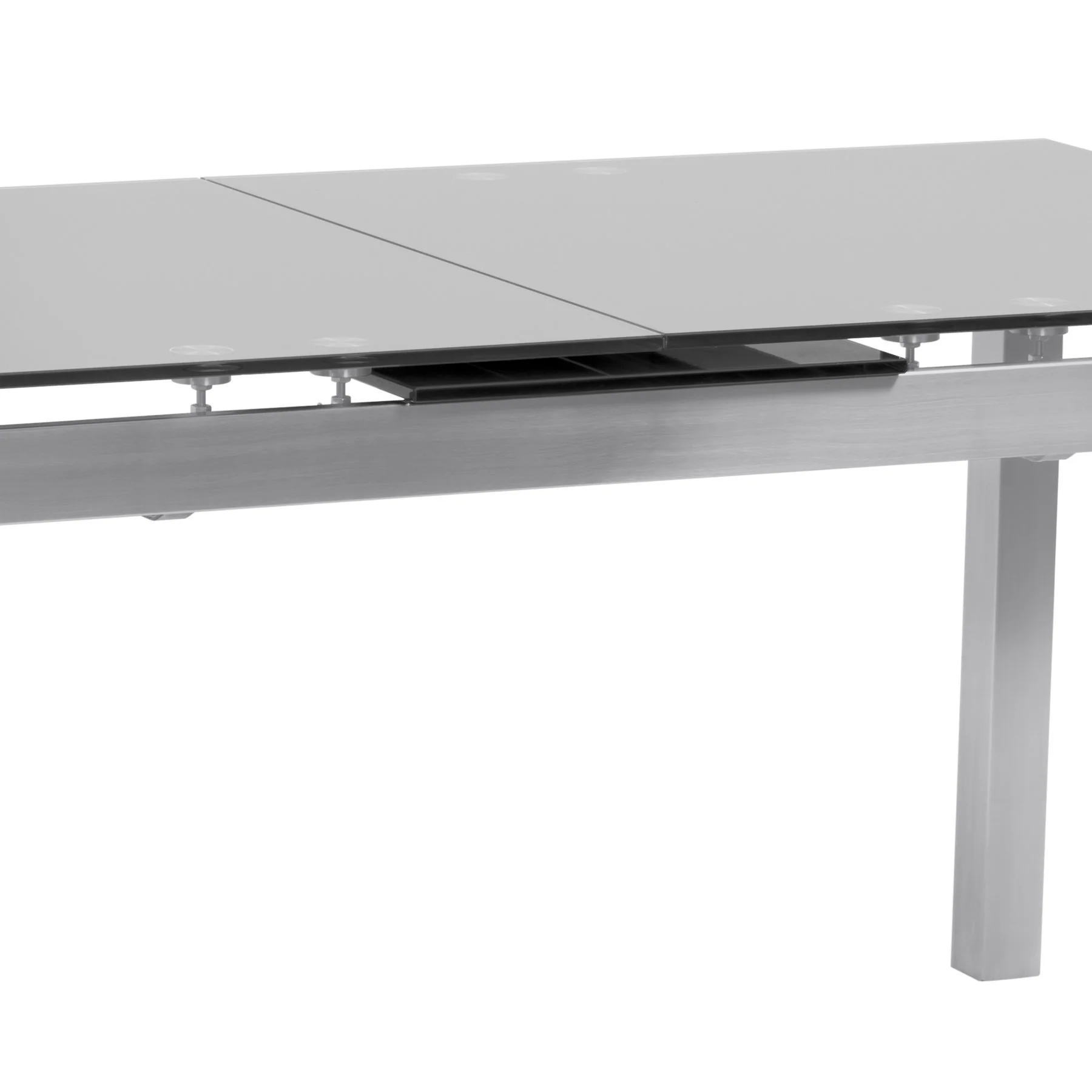 Ivan Extension Dining Table in Brushed Stainless Steel and Gray Tempered Glass Top - Image 3