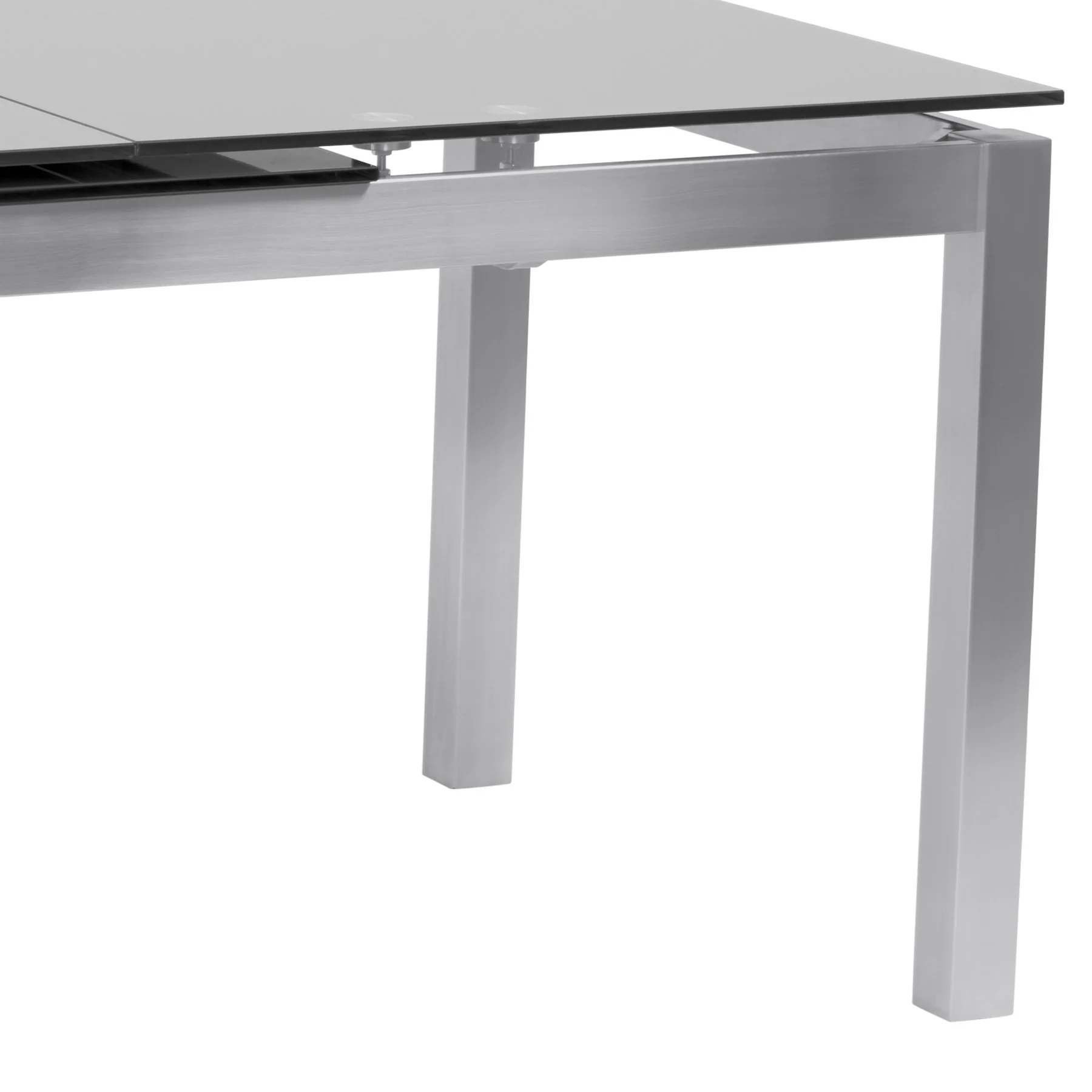 Ivan Extension Dining Table in Brushed Stainless Steel and Gray Tempered Glass Top - Image 4