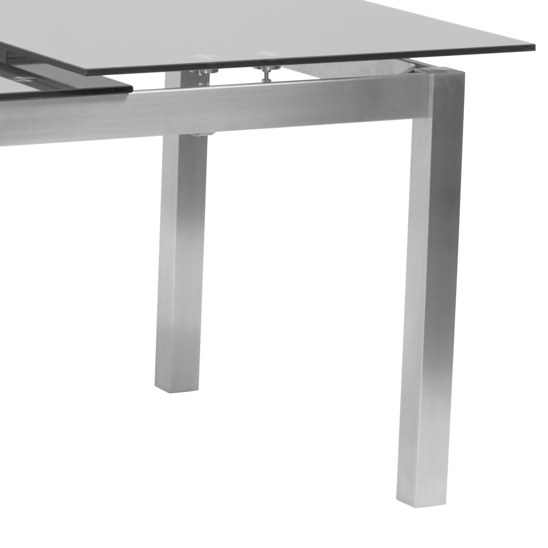 Ivan Extension Dining Table in Brushed Stainless Steel and Gray Tempered Glass Top - Image 6