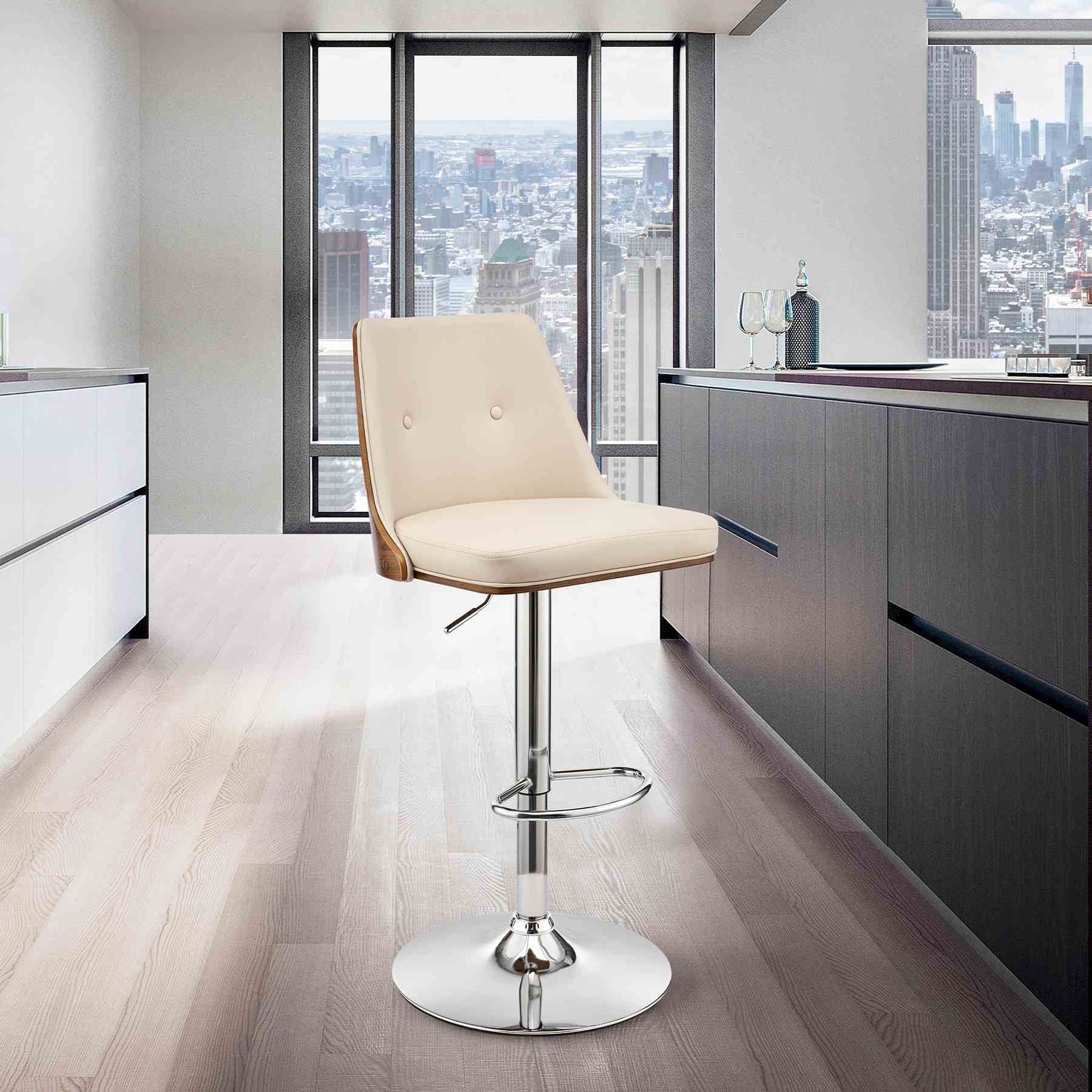 Jacob Adjustable and Swivel Cream Faux Leather and Walnut Wood Bar Stool with Chrome Base - Image 10