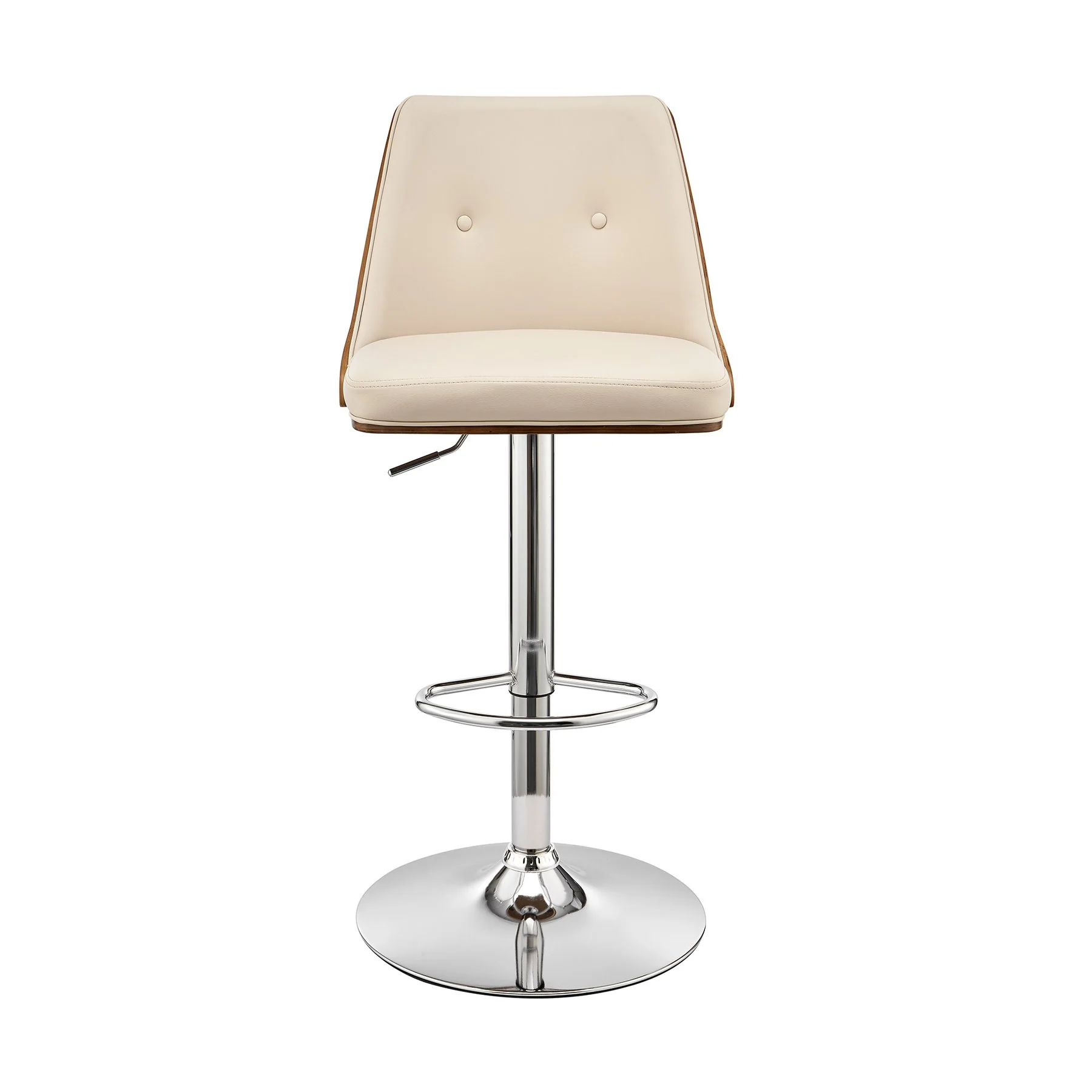Jacob Adjustable and Swivel Cream Faux Leather and Walnut Wood Bar Stool with Chrome Base - Image 2