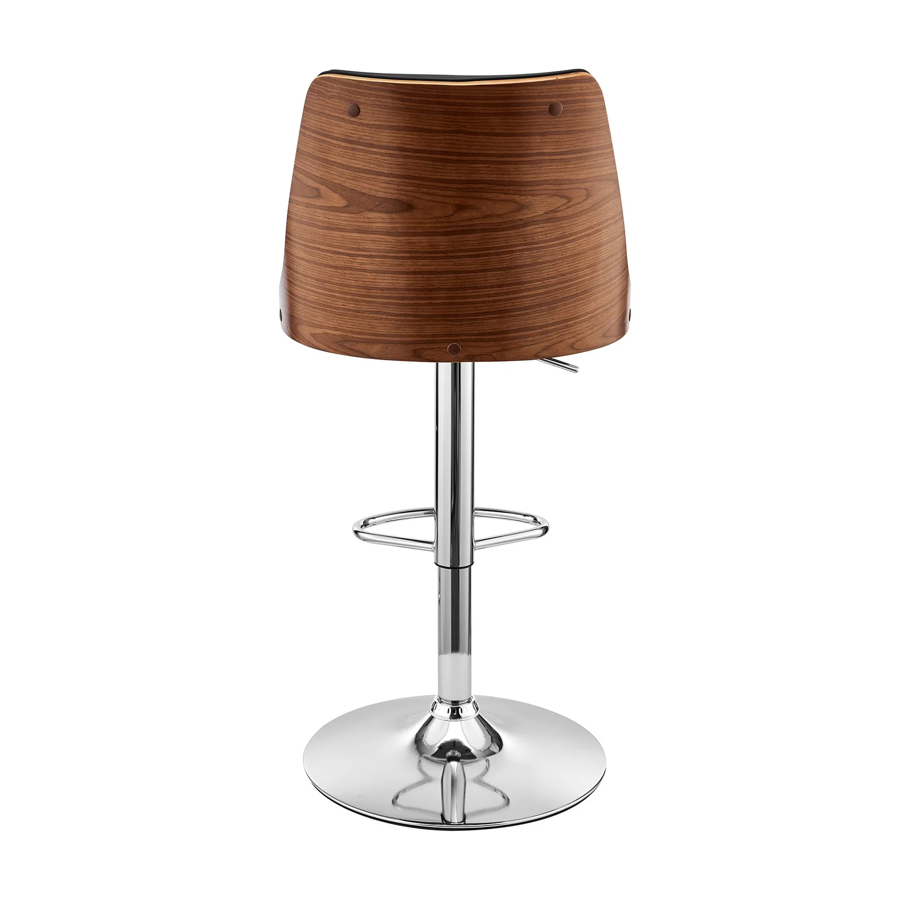 Jacob Adjustable Swivel Black Faux Leather and Walnut Wood Bar Stool with Chrome Base - Image 5