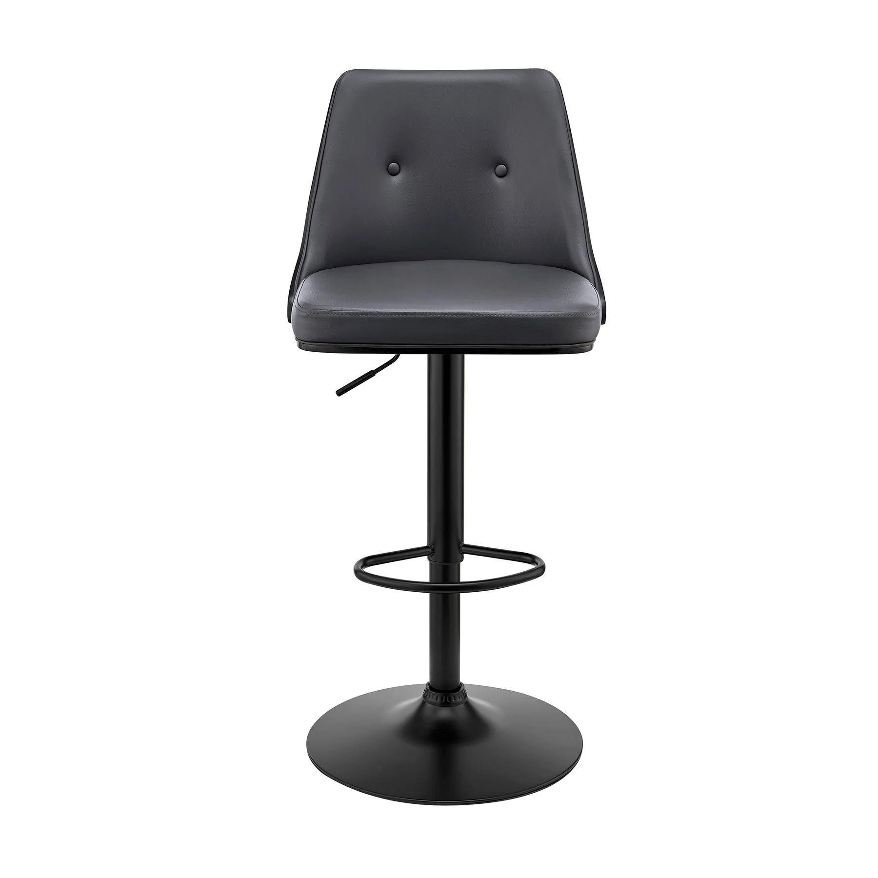 Jacob Adjustable Swivel Gray Faux Leather and Black Wood Bar Stool with Black Base - Image 2