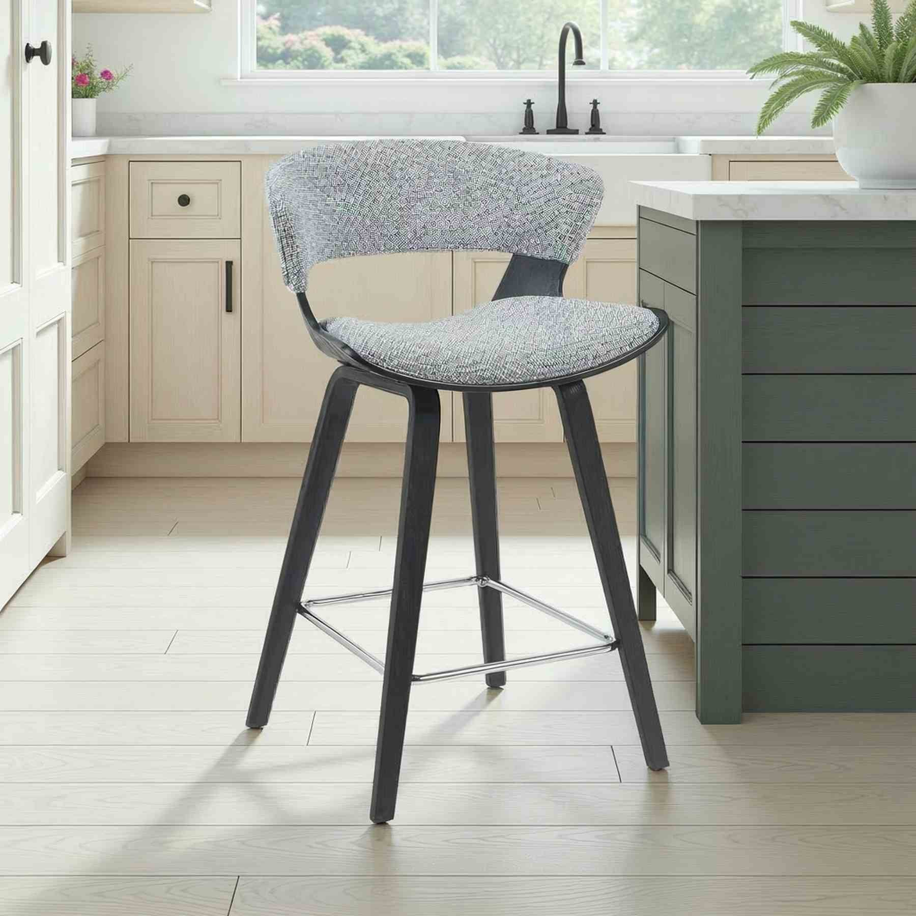 Jagger Modern Counter Height Bar Stool in Black Brushed Wood Veneer with Gravel Grey Upholstered Seat - Image 7