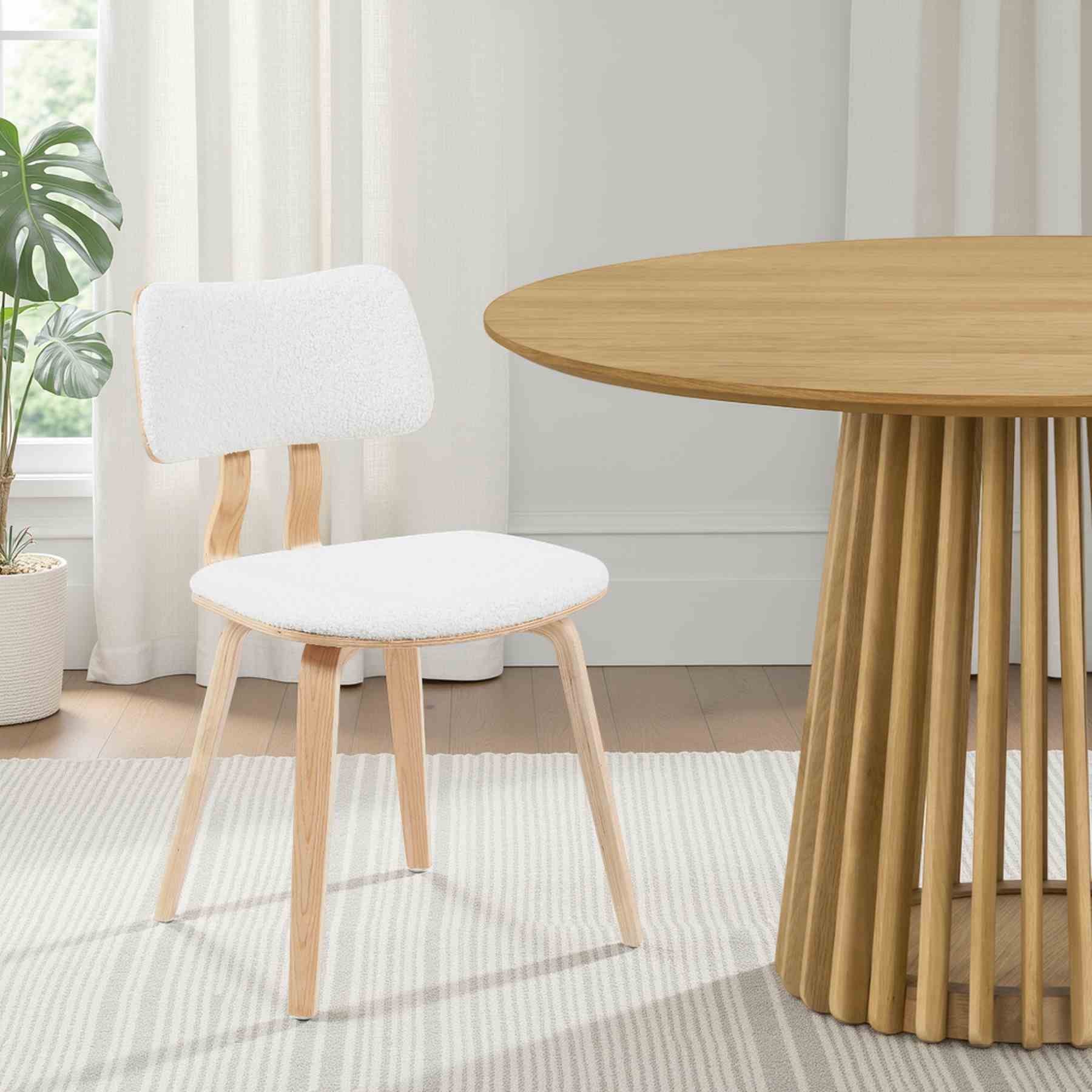 Jaguar Mid-Century Upholstered Dining Chair in White Boucle and Patterned Oak Finish - Image 7