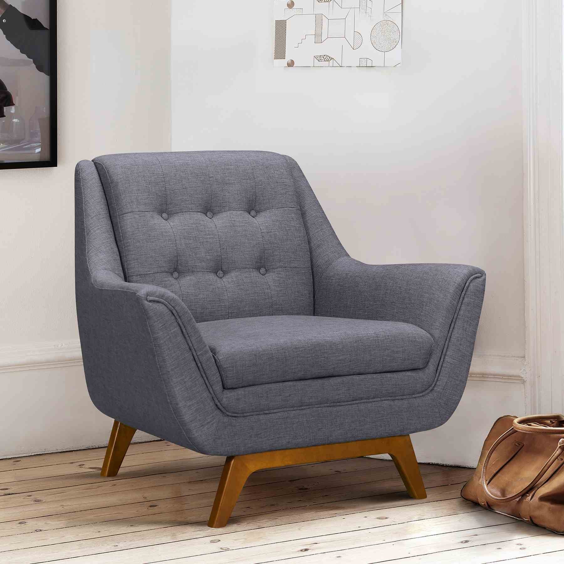 Janson Mid-Century Sofa Chair in Champagne Wood Finish and Dark Gray Fabric - Image 4
