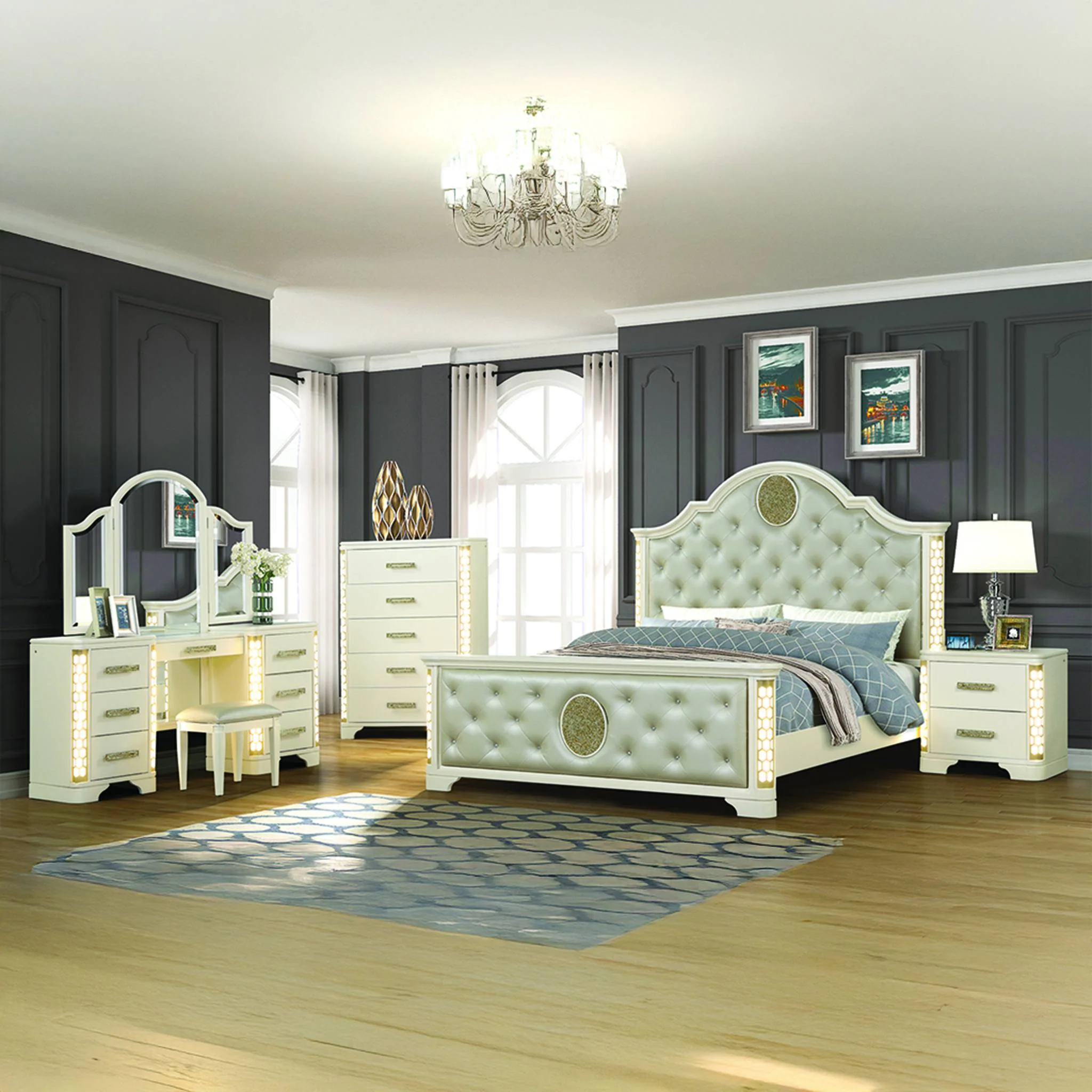 Jasmine Queen 5PC with Vanity Bedroom Set Beige - Image 25