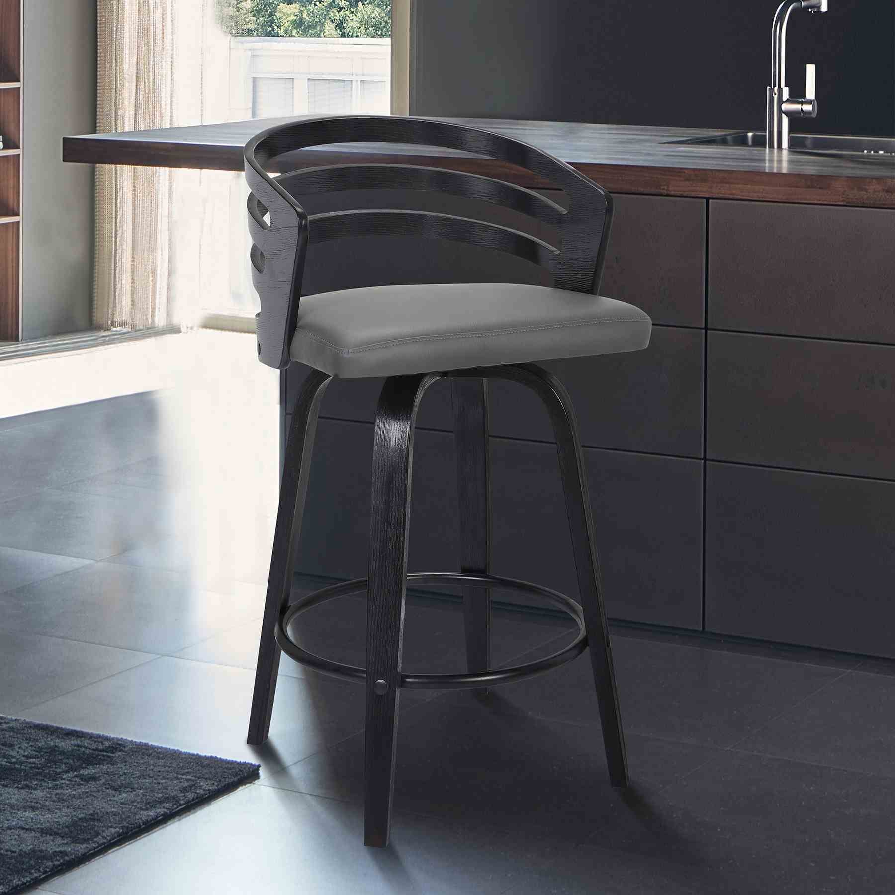Jayden 26" Counter Height Swivel Gray Faux Leather and Black Wood Bar Stool - Image 6