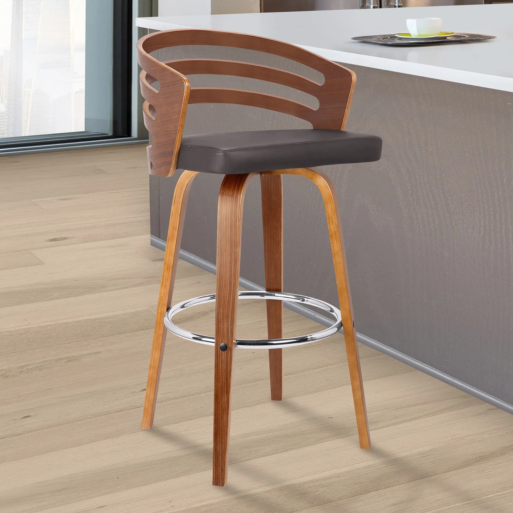 Jayden 30" Bar Height Swivel Brown Faux Leather and Walnut Wood Bar Stool - Image 8