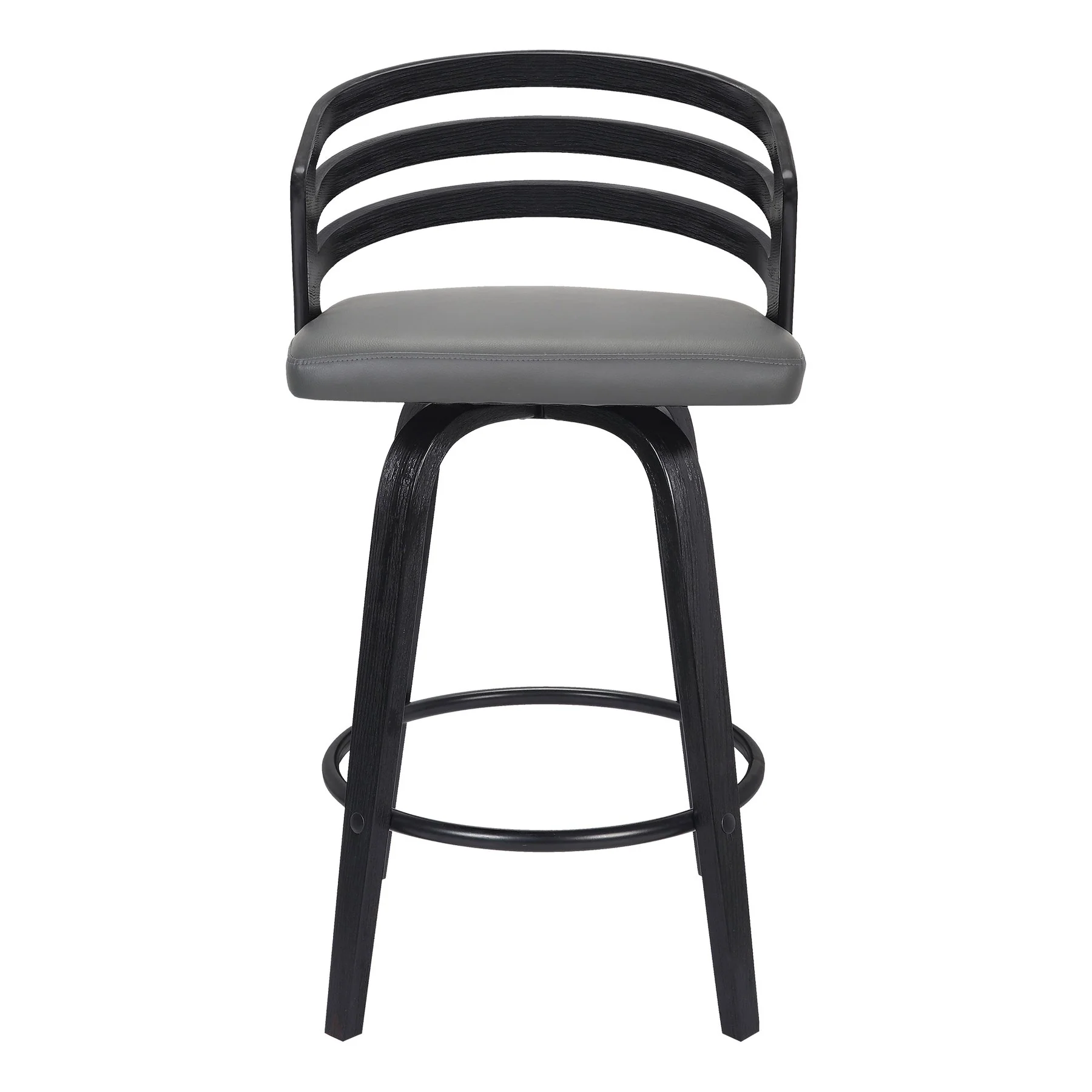 Jayden 30" Bar Height Swivel Gray Faux Leather and Black Wood Bar Stool - Image 3