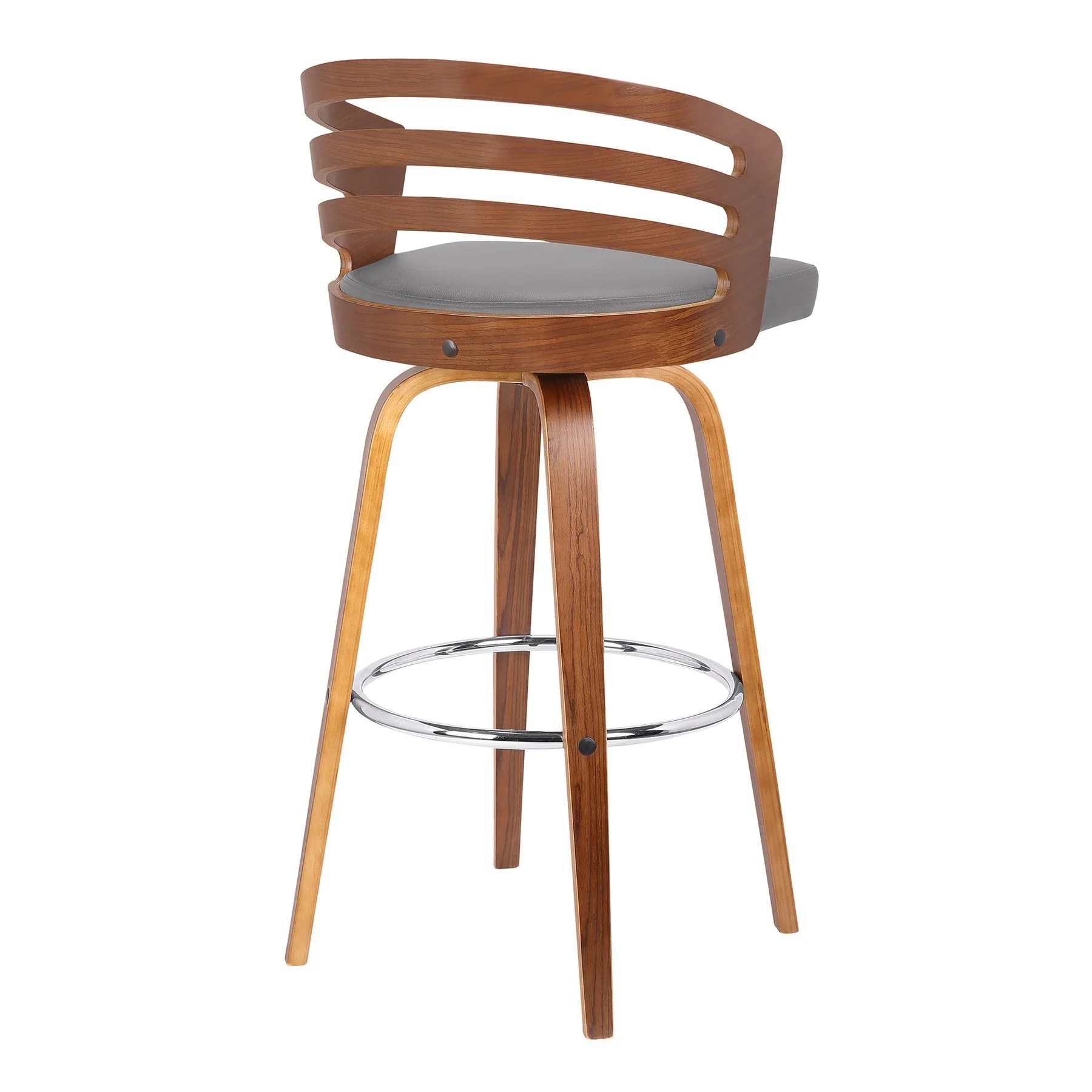 Jayden 30" Bar Height Swivel Gray Faux Leather and Walnut Wood Bar Stool - Image 3