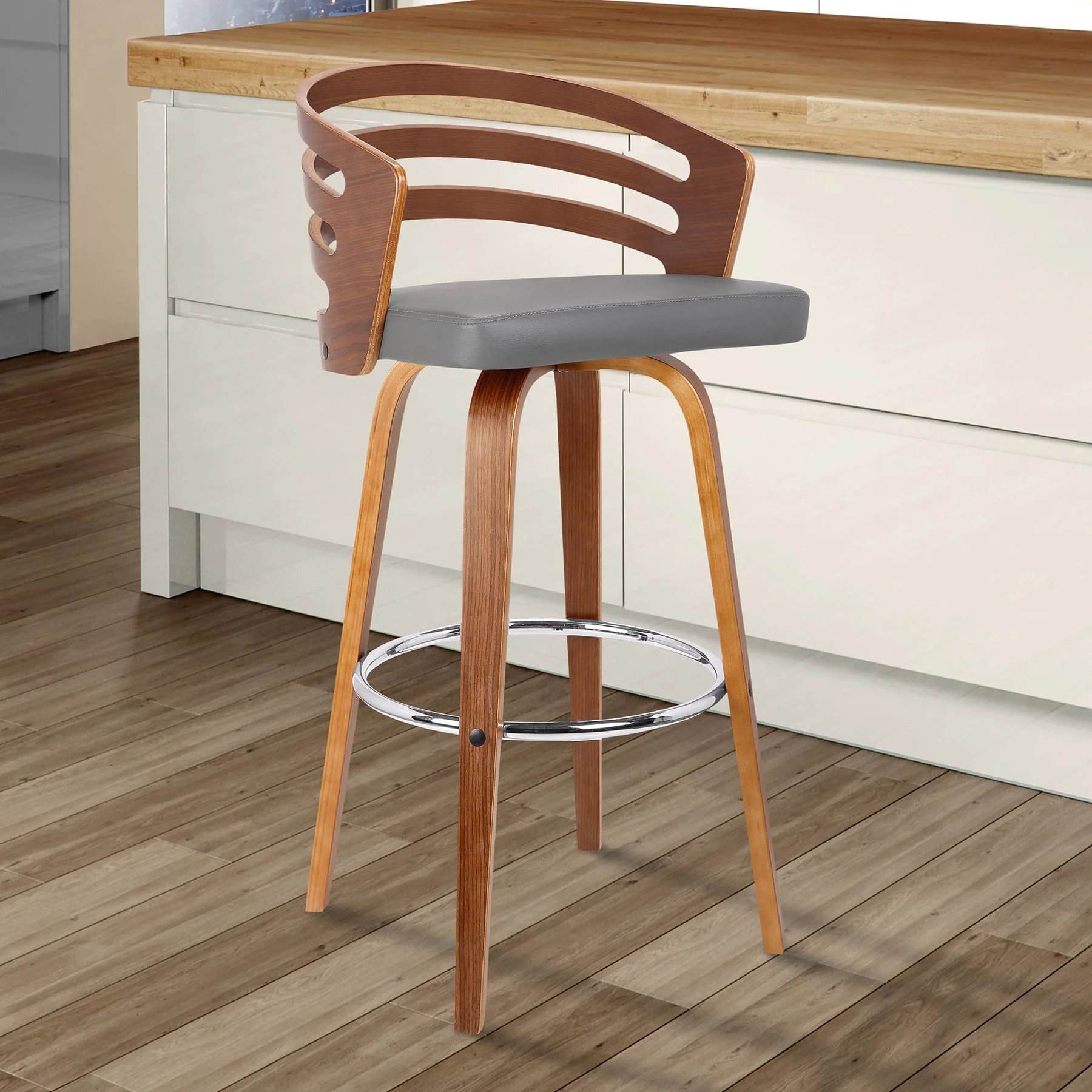 Jayden 30" Bar Height Swivel Gray Faux Leather and Walnut Wood Bar Stool - Image 8