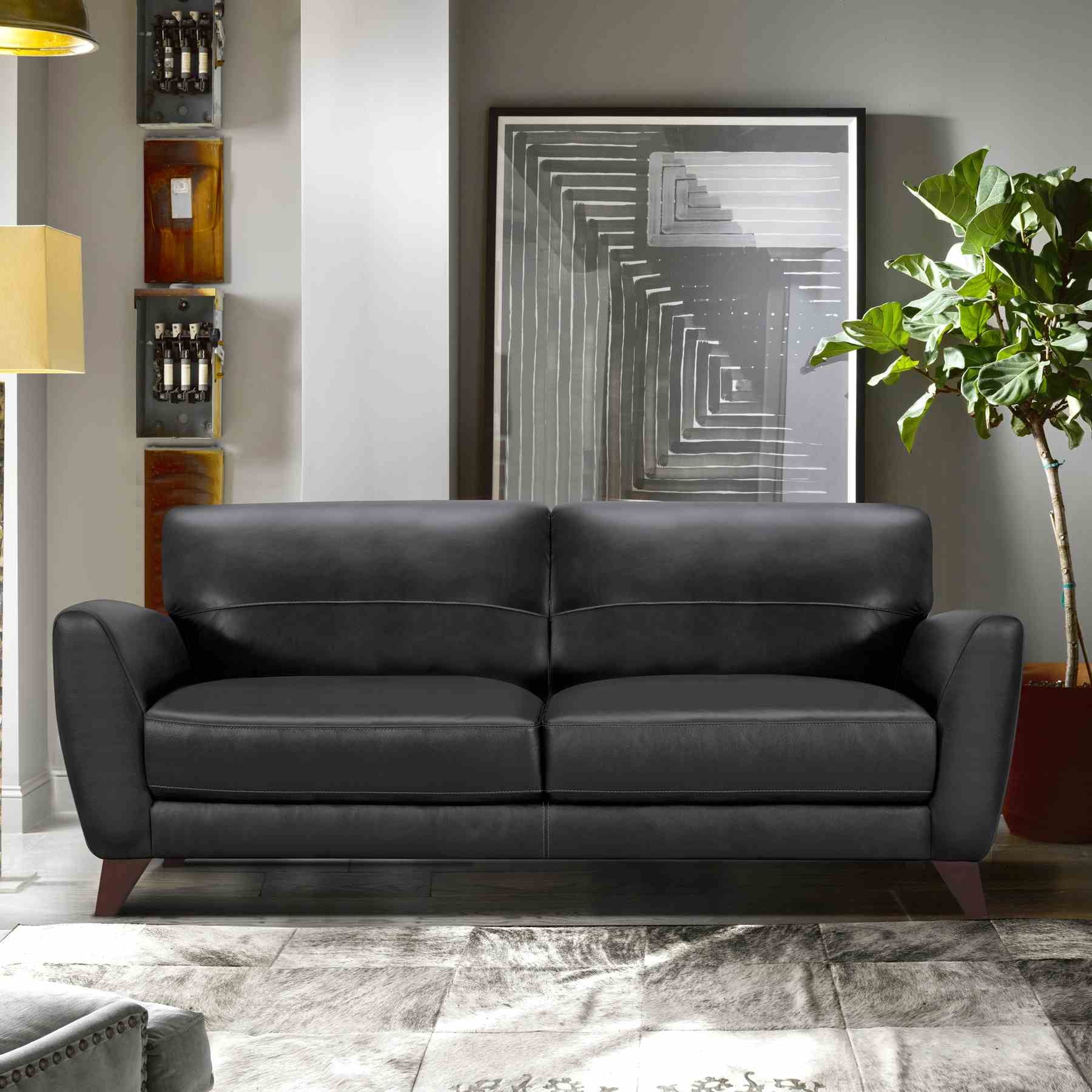 Jedd Contemporary Sofa in Genuine Black Leather with Brown Wood Legs - Image 5