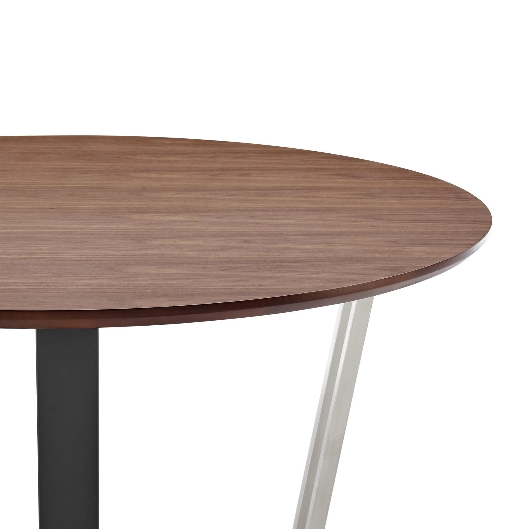 Joana 48" Round Dining Table in Brushed Stainless Steel and Black Iron Base with Walnut Tabletop - Image 3